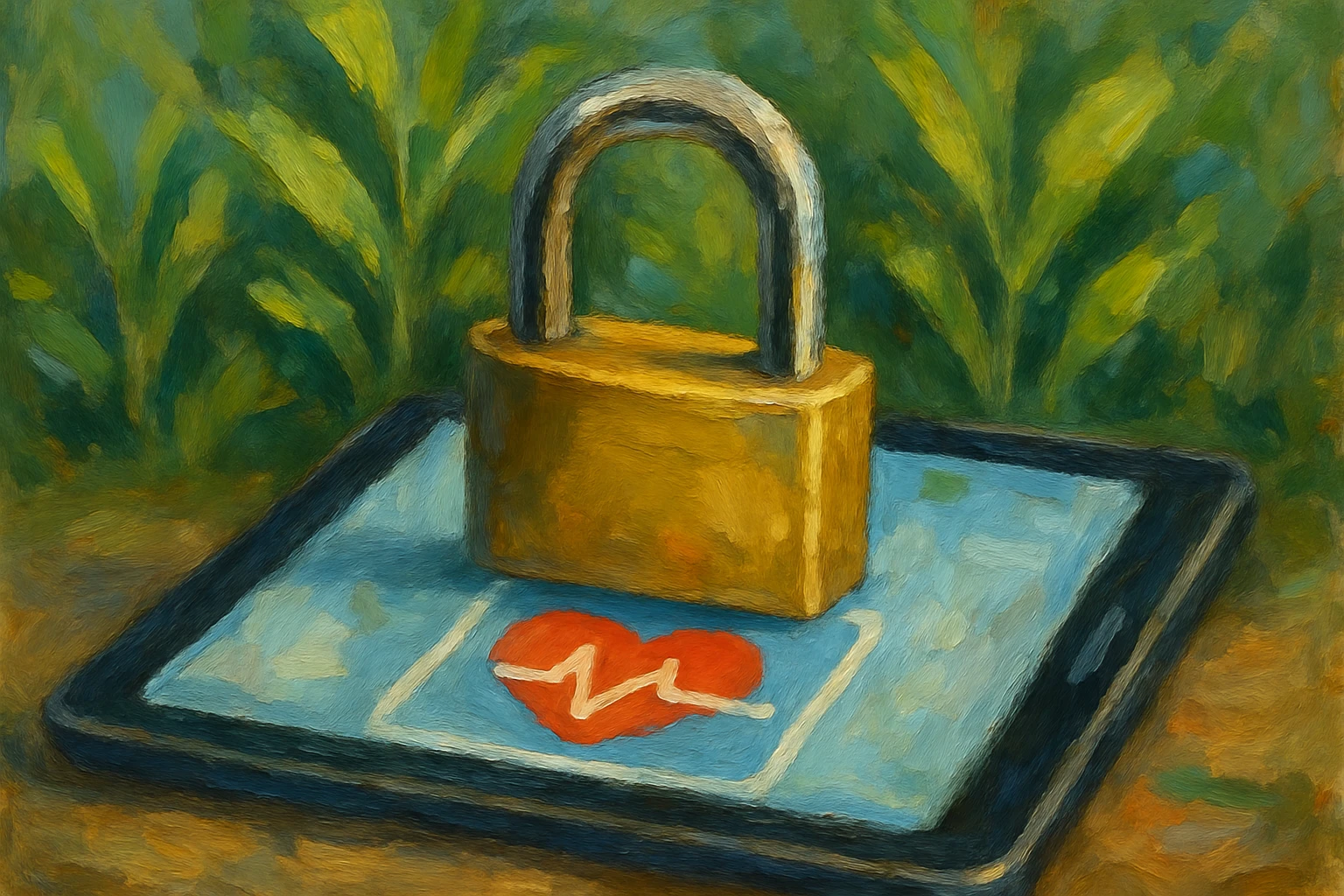 A close-up of a padlock placed securely over a digital tablet displaying a health app on the screen, set against a backdrop of green plants symbolizing growth and privacy.
