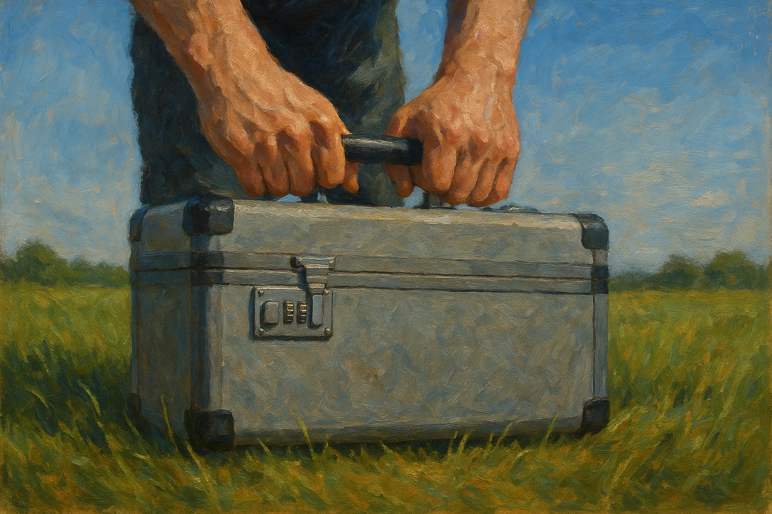 A pair of hands holding a sturdy, closed metal briefcase with a secure combination lock, placed on a grassy field under a clear blue sky, symbolizing secure and private information exchange.
