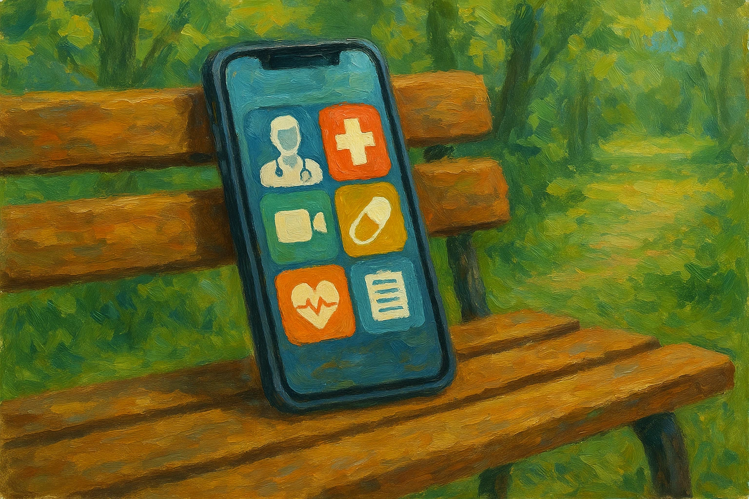 A smartphone displaying a telemedicine app interface with vibrant icons, set on a wooden park bench surrounded by greenery, suggesting accessibility to online health consultations in a natural, outdoor setting.