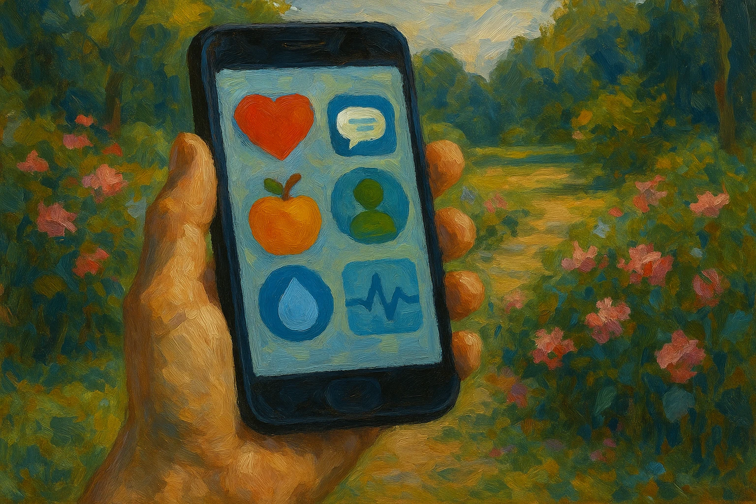 A hand holding a smartphone displaying a health app interface with various health icons and a chat bubble symbol, set against a background of a tranquil garden with blooming flowers.