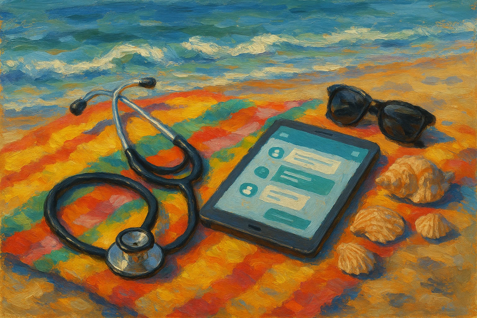 A stethoscope lying on a colorful beach towel near the ocean, with a tablet displaying a medical chat app beside seashells and sunglasses.