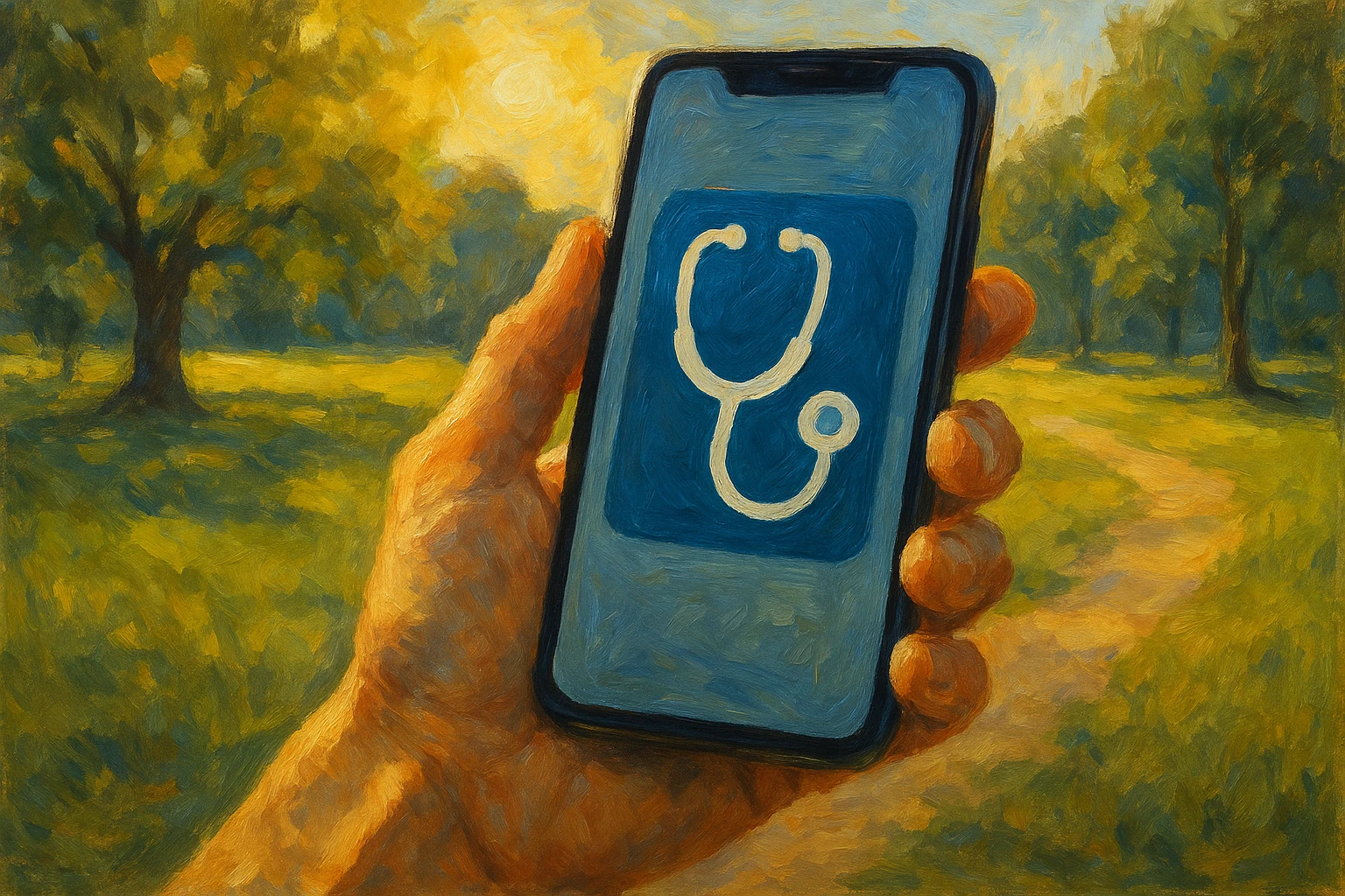 A smartphone with a health app open, displaying an icon of a doctor's stethoscope, held in a person's hand against a backdrop of a sunny park.