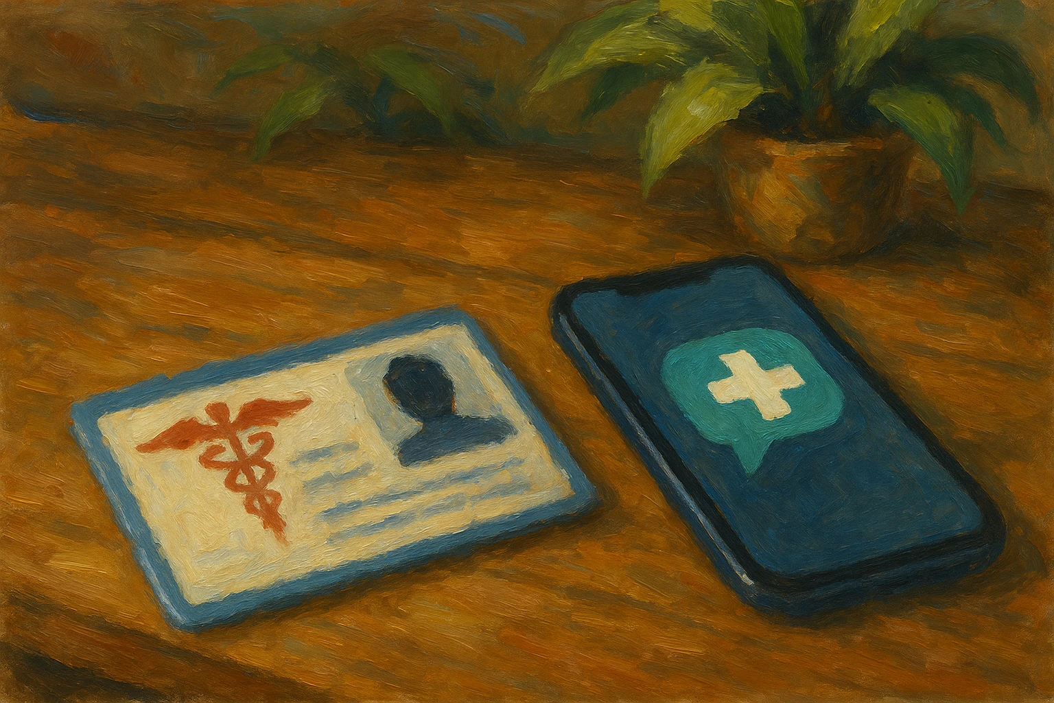 A close-up of a medical ID card resting on a wooden table next to a smartphone displaying the logo of a popular telemedicine app, with a green plant in the background for a touch of nature.