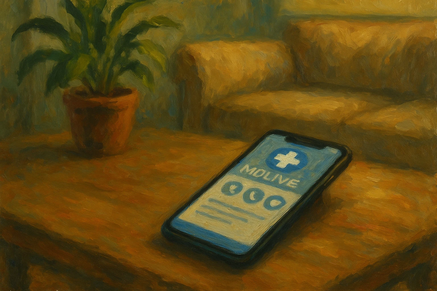 A smartphone lying on a coffee table displaying the MDLIVE app, surrounded by a cozy living room setting with a potted plant and a soft couch in the background.