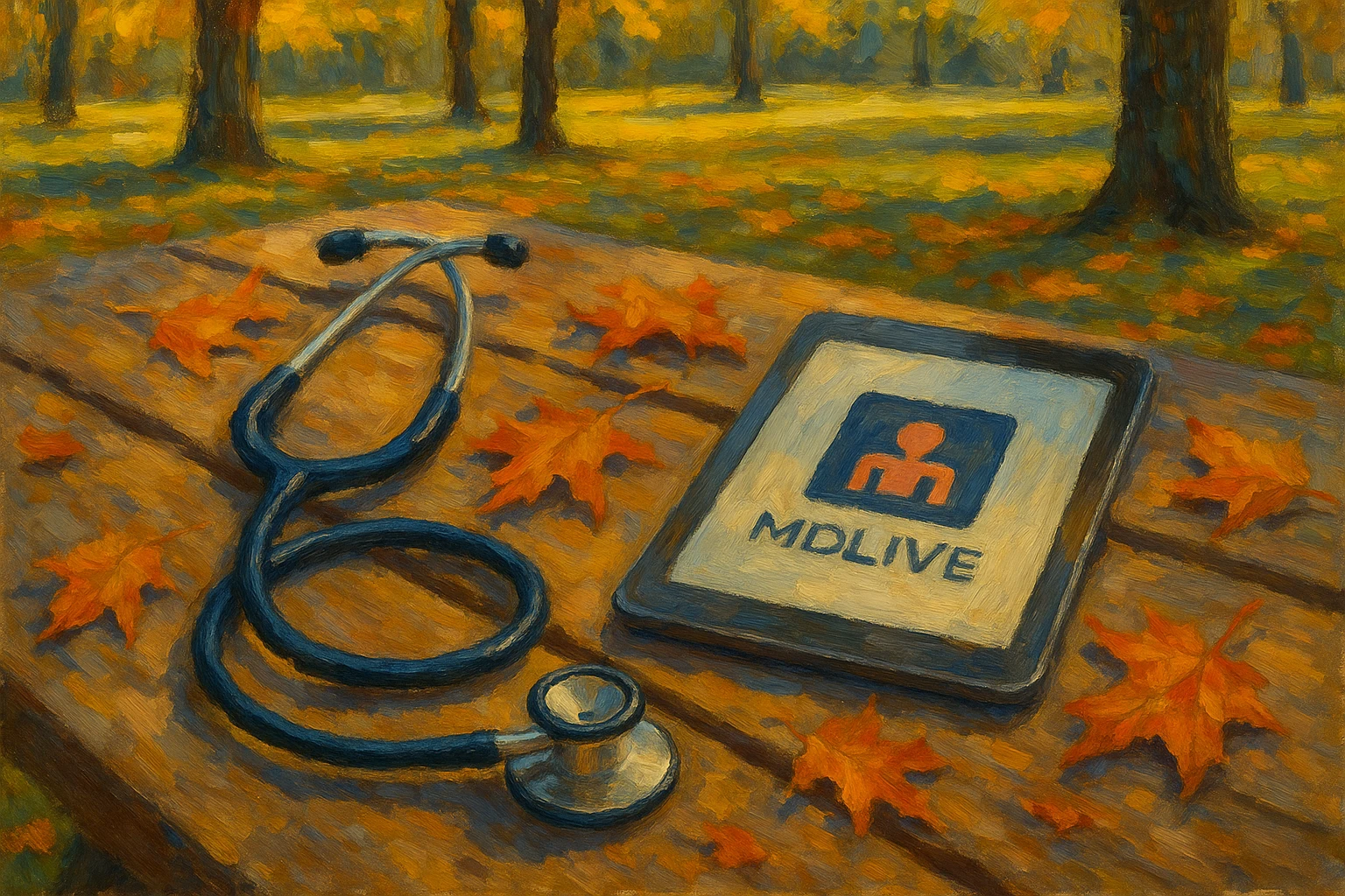 A stethoscope laid on a picnic table in a sunny park, next to a tablet showing the MDLIVE logo, with autumn leaves scattered around.