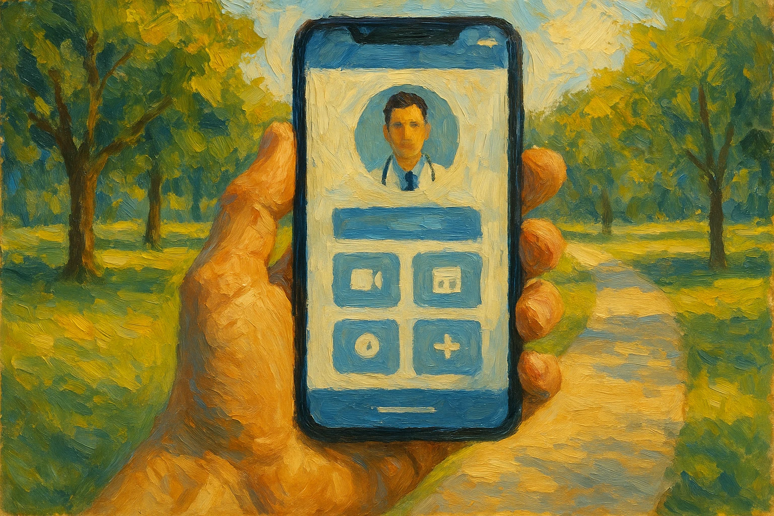 A close-up of a smartphone displaying the MDLIVE app interface, held by a hand in a sunny park setting, with trees and a walking path visible in the background.