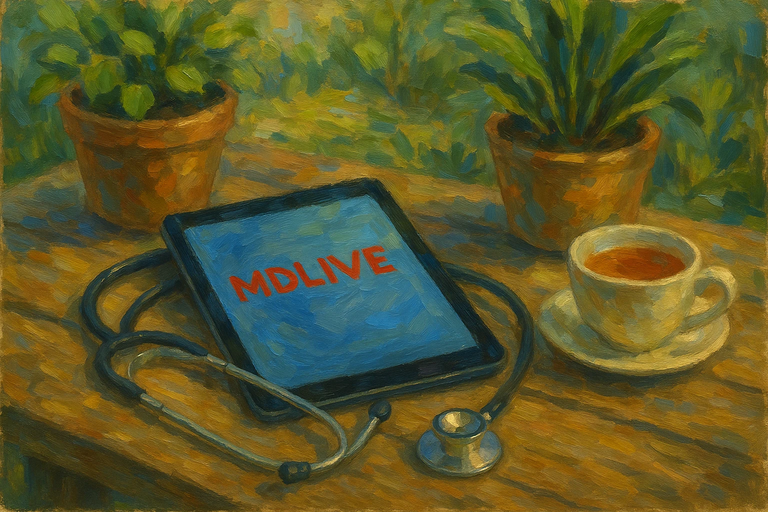 A stethoscope and a tablet with the MDLIVE logo on the screen are placed on a wooden table, surrounded by potted plants and a cup of tea, suggesting a calm, outdoor setting suitable for healthcare consultations.