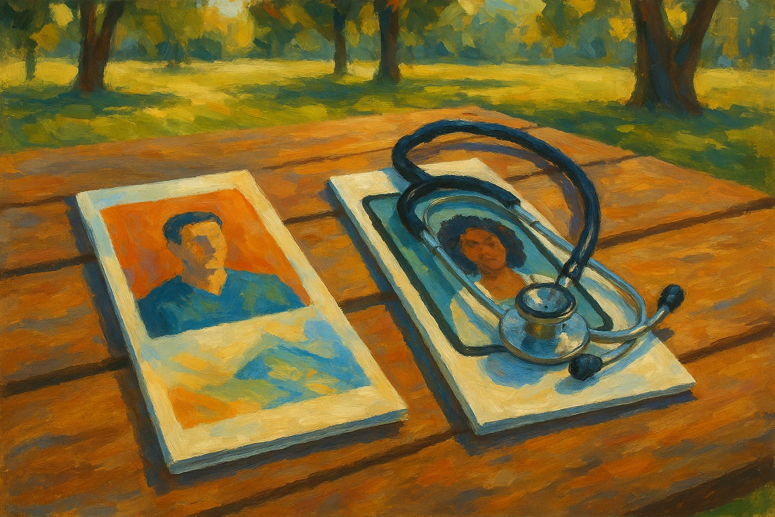 A close-up of two separate sets of brochures or pamphlets, one for MDLIVE and the other for ChatWithDr, laid out on a wooden picnic table in a sunny park setting, with a stethoscope resting on top of one of the brochures.