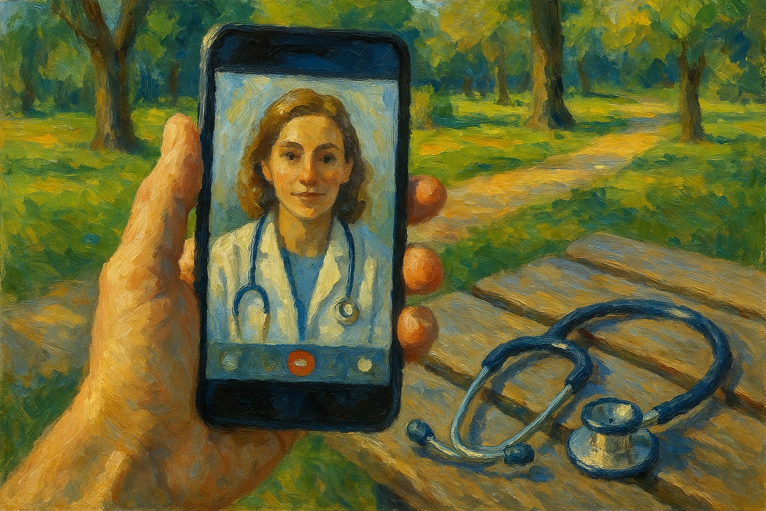 A smartphone held by a hand outdoors displaying the Amwell app, with a park scene in the background and a stethoscope resting beside it on a bench.