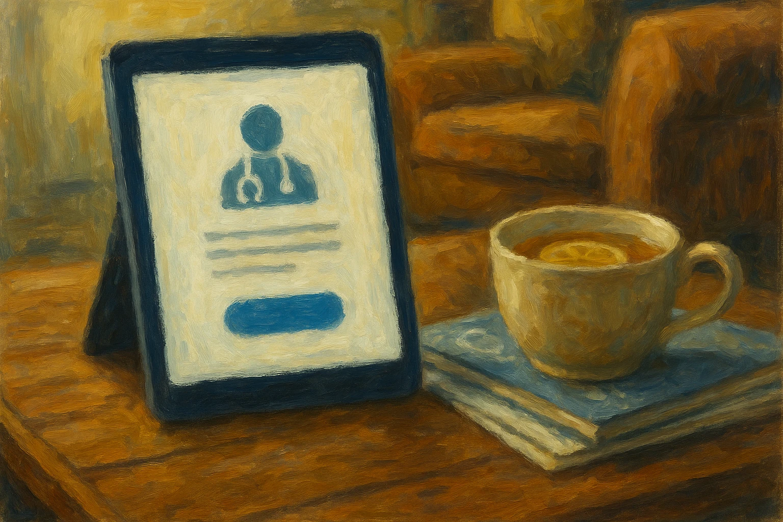 A close-up of a tablet resting on a wooden table in a cozy living room, displaying the Teladoc app interface, with a cup of herbal tea and a stack of medical journals beside it.