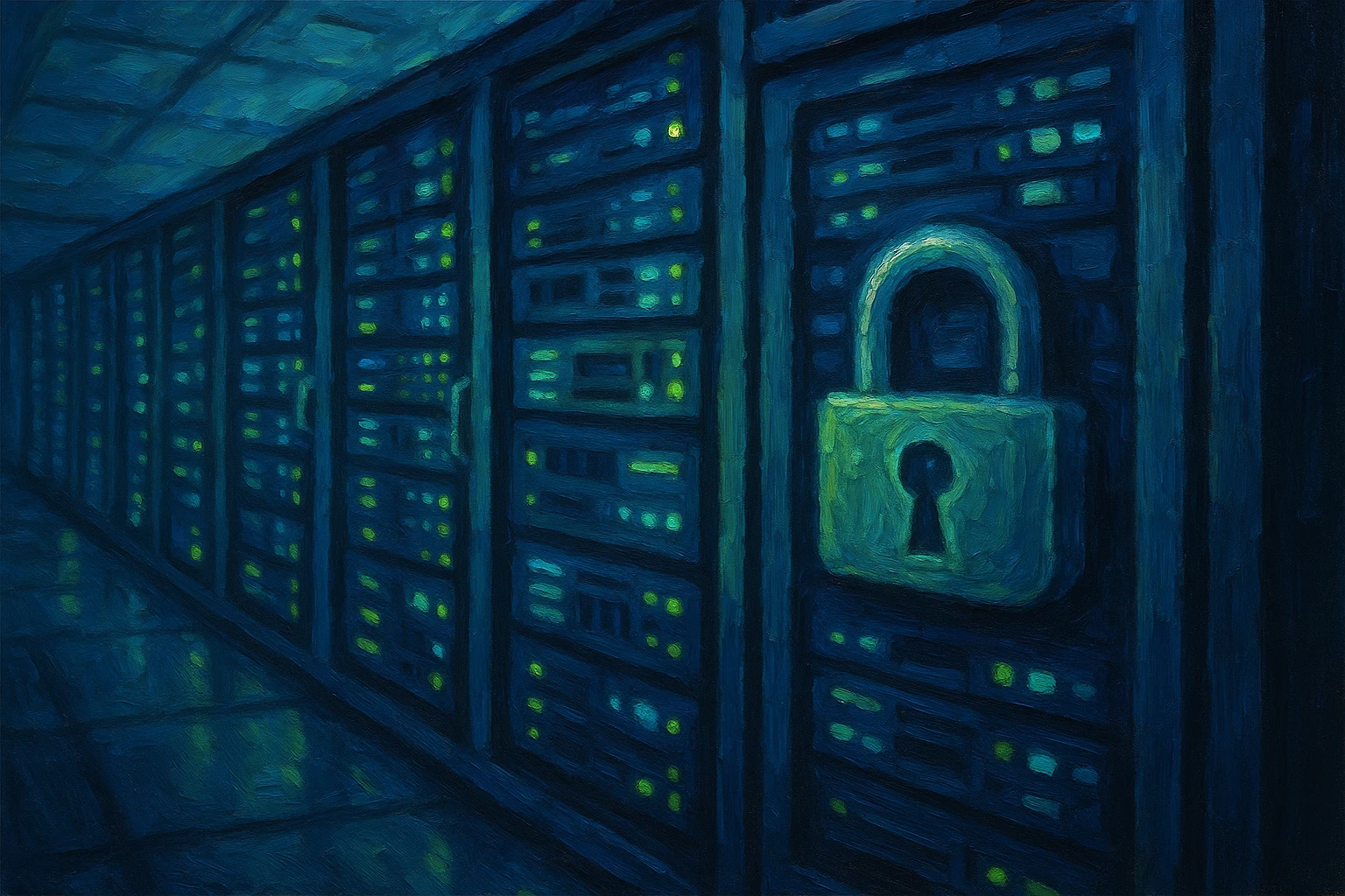 A close-up of a secure server room where glowing blue and green LED lights illuminate rows of carefully organized data servers with encrypted locks, symbolizing advanced security measures in digital healthcare.