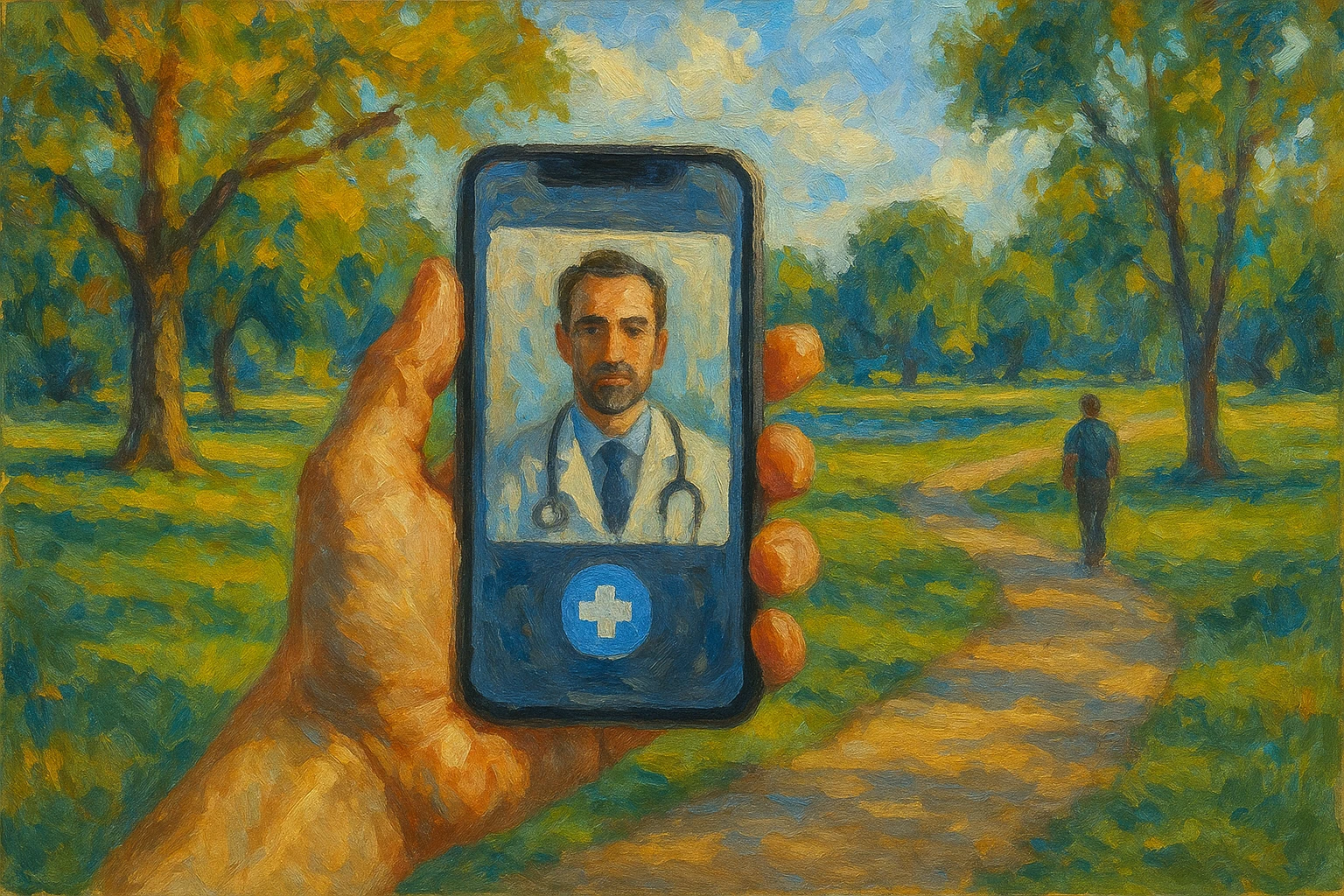 A vibrant outdoor scene features a person holding a smartphone displaying the Doctor On Demand app, with a scenic park backdrop highlighting the app’s accessibility in any location.