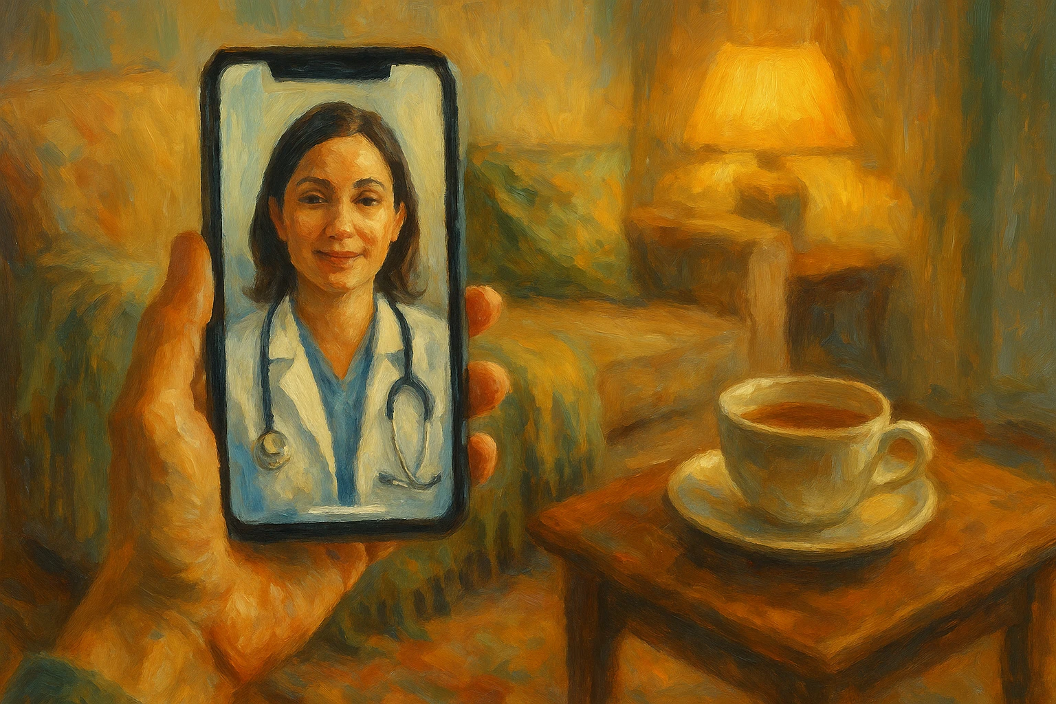 A smartphone displaying the Doctor On Demand app with a backdrop of a cozy living room, featuring a cup of tea on a side table and soft lighting enhancing a sense of calm and accessibility.