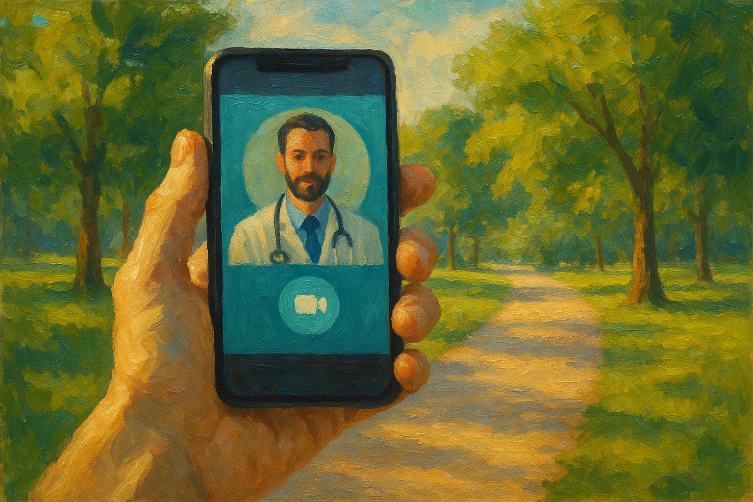 A hand holding a smartphone displaying the Doctor On Demand app, set against a backdrop of a sunny park with green trees and a walking path, emphasizing accessibility and mobile healthcare on the go.