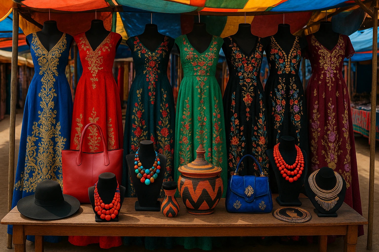 A vibrant outdoor market stall displaying an array of international evening gowns, each adorned with intricate embroidery, alongside bold fashion accessories from various cultures, set against a backdrop of colorful fabric canopies.