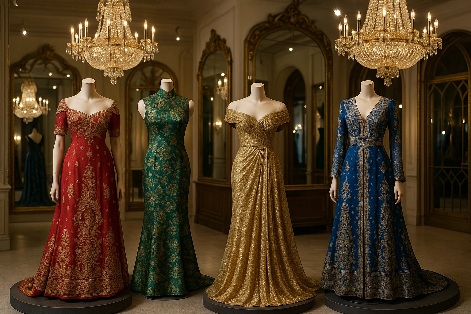 A luxurious boutique interior featuring elegant mannequins draped in international evening gowns, each crafted with unique fabrics and embellishments from different cultures, surrounded by ornate mirrors and spotlit crystal chandeliers.