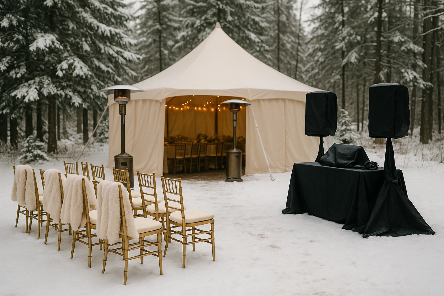 A beautifully decorated outdoor winter wedding scene in Michigan, featuring snow-dusted pine trees, a cozy tent with glowing heaters, elegant chairs draped with plush blankets, and a DJ setup with protective covers to shield equipment from the elements.