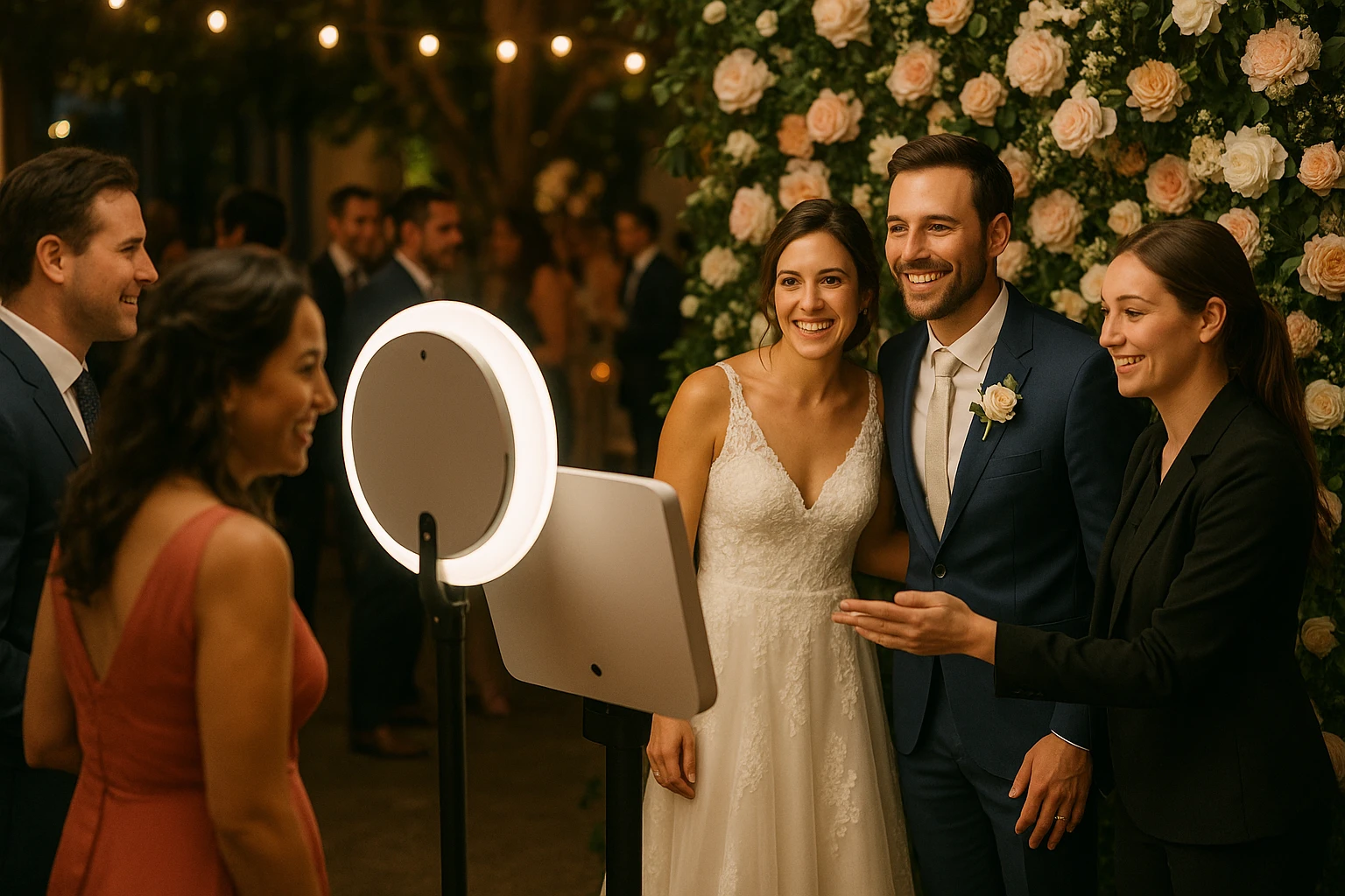 A vibrant wedding reception with guests gathered around a sleek, modern photo booth adorned with elegant floral backdrops and soft, flattering lighting, as an attendant assists a smiling couple ready to capture their moment.