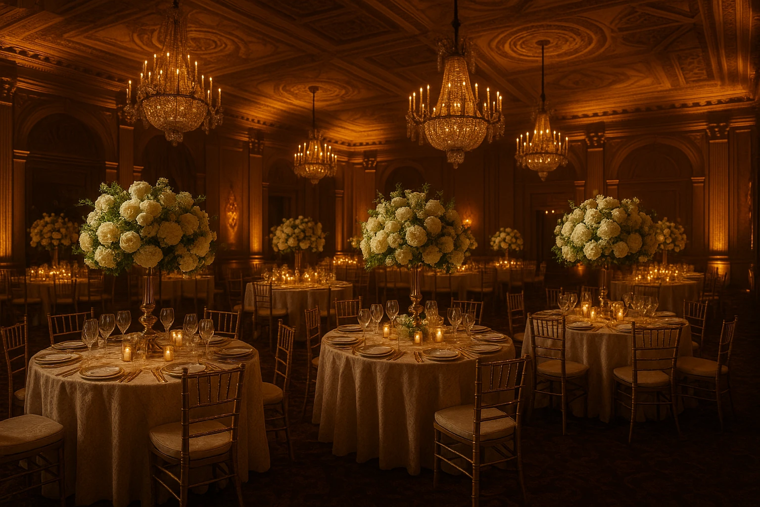 A lavish wedding reception with warm amber uplighting casting a glowing ambiance throughout a grand ballroom, highlighting elegant floral centerpieces and opulent table settings while casting dramatic shadows against the ornate ceiling.