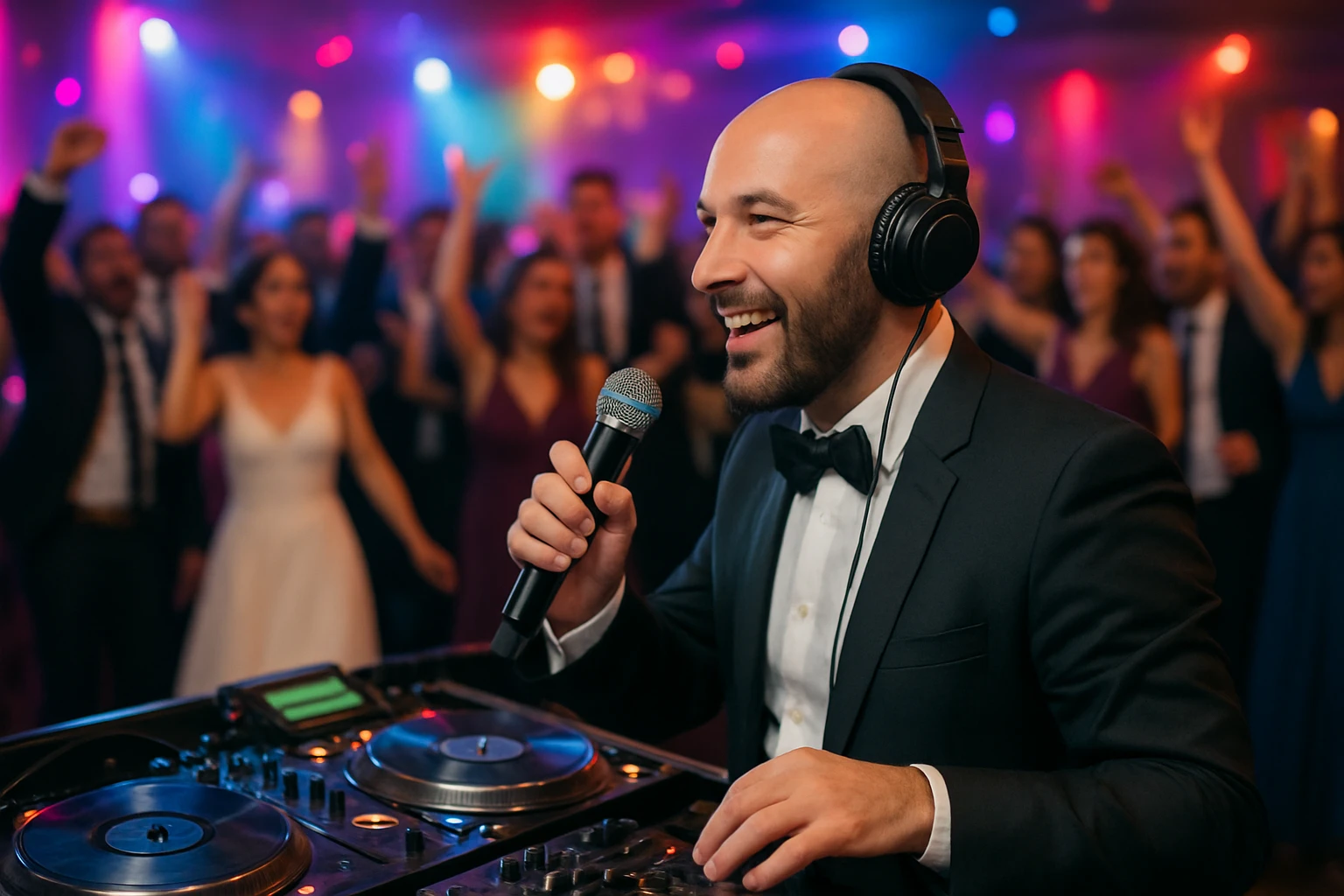 A DJ orchestrating a vibrant wedding reception, surrounded by colorful lights and a joyful crowd, with turntables and a microphone in hand.