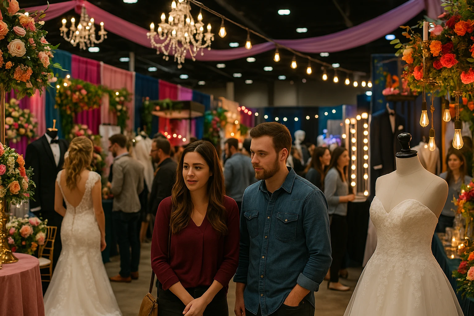 A vibrant bridal show bustling with couples, surrounded by colorful vendor booths displaying elegant floral arrangements, stylish wedding attire, and dazzling lighting setups, creating an energetic and inspiring atmosphere for wedding planning.