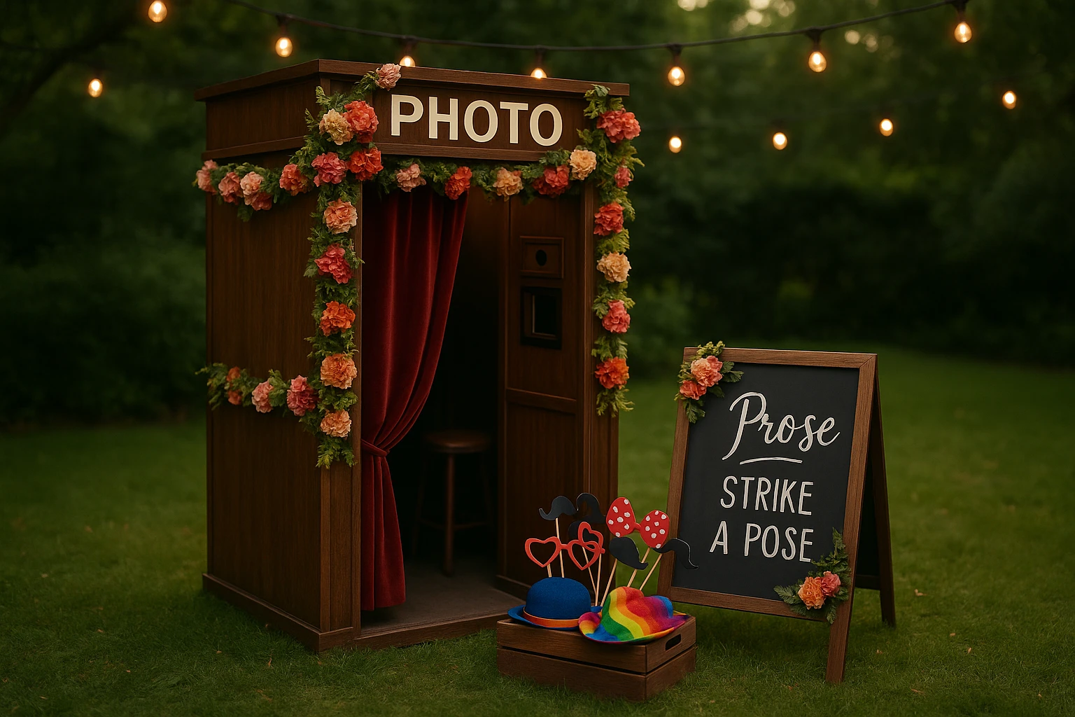 A vintage-style photo booth adorned with floral garlands stands in a garden under string lights, with colorful props and a chalkboard sign inviting guests to strike a pose.