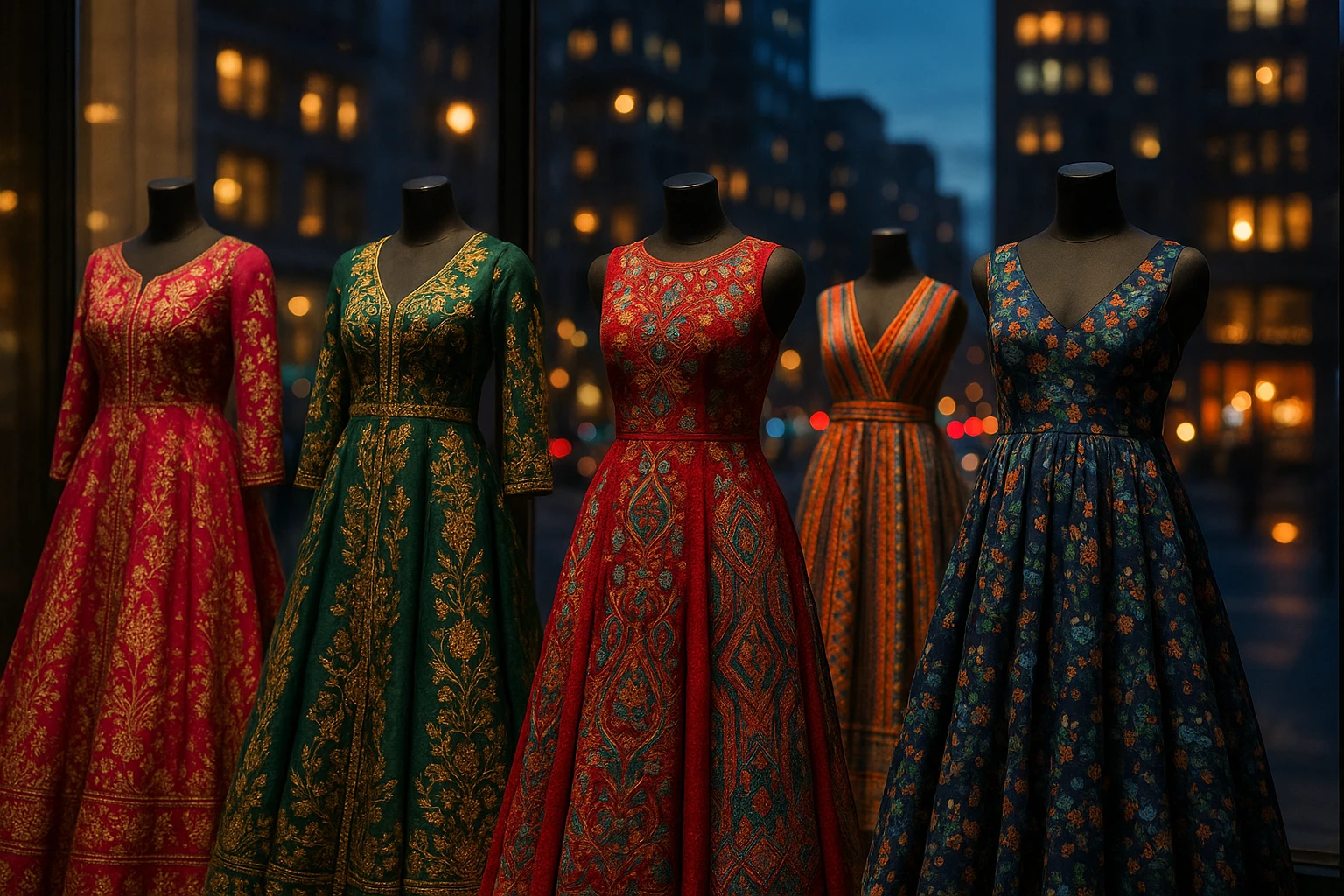 A vibrant boutique window display showcases an array of international evening gowns, featuring intricate embroidery and diverse textile patterns, set against a backdrop of city lights at dusk.