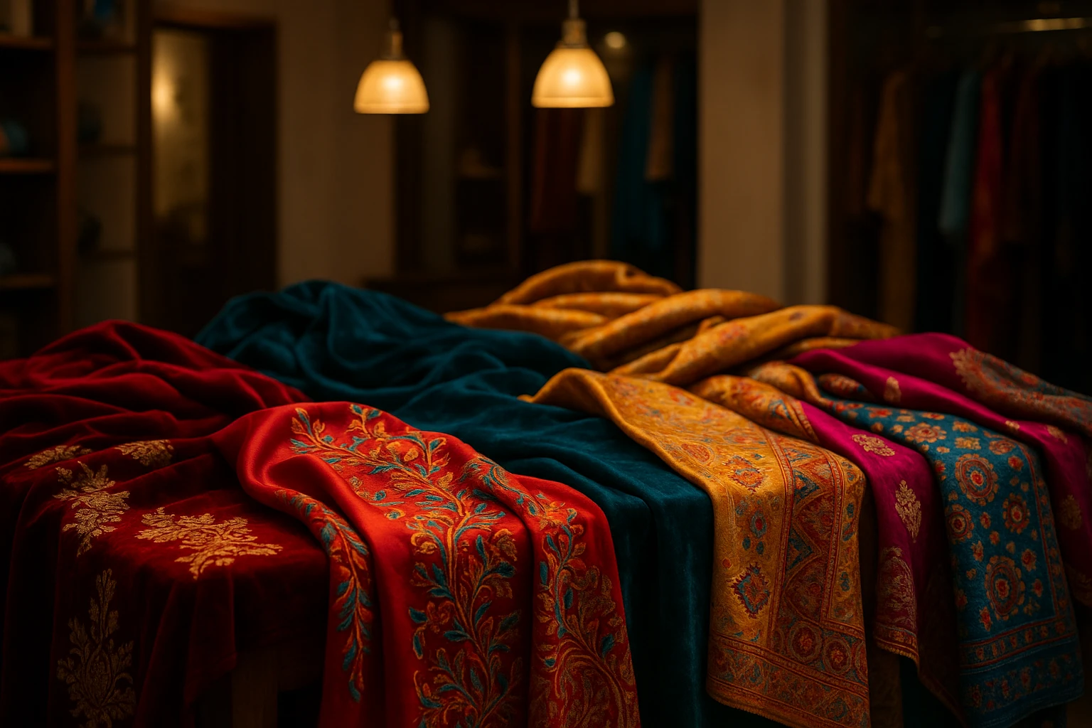 A table draped with various international evening wear fabrics, featuring vibrant silks and rich velvets, set in a cozy boutique illuminated by elegant pendant lights. Exquisite embroidered details and unique patterns reflect diverse cultural influences.