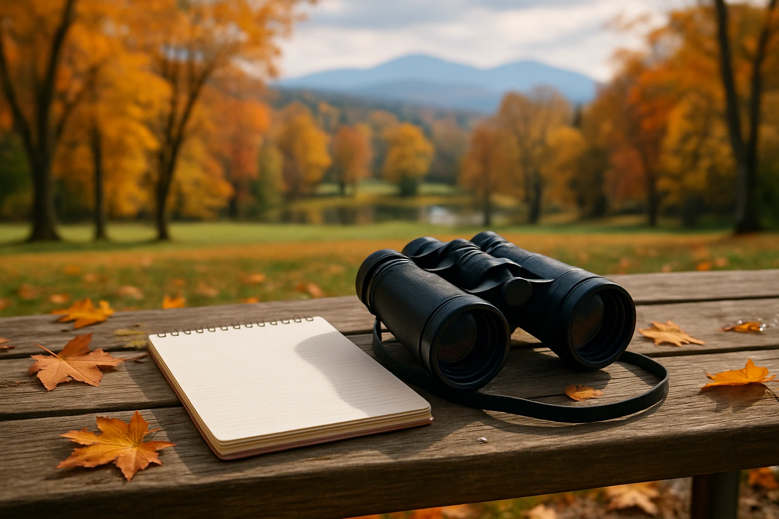 A set of binoculars and a notepad resting on a wooden bench overlooking a tranquil Brevard park, with colorful autumn leaves scattered around and the distant outline of the Blue Ridge Mountains visible in the background.