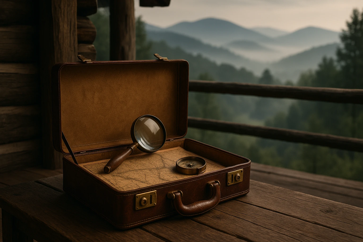 A vintage briefcase containing a magnifying glass, old-fashioned maps, and a compass, set against the backdrop of a rustic cabin porch in Brevard with a misty morning view of the Blue Ridge Mountains.