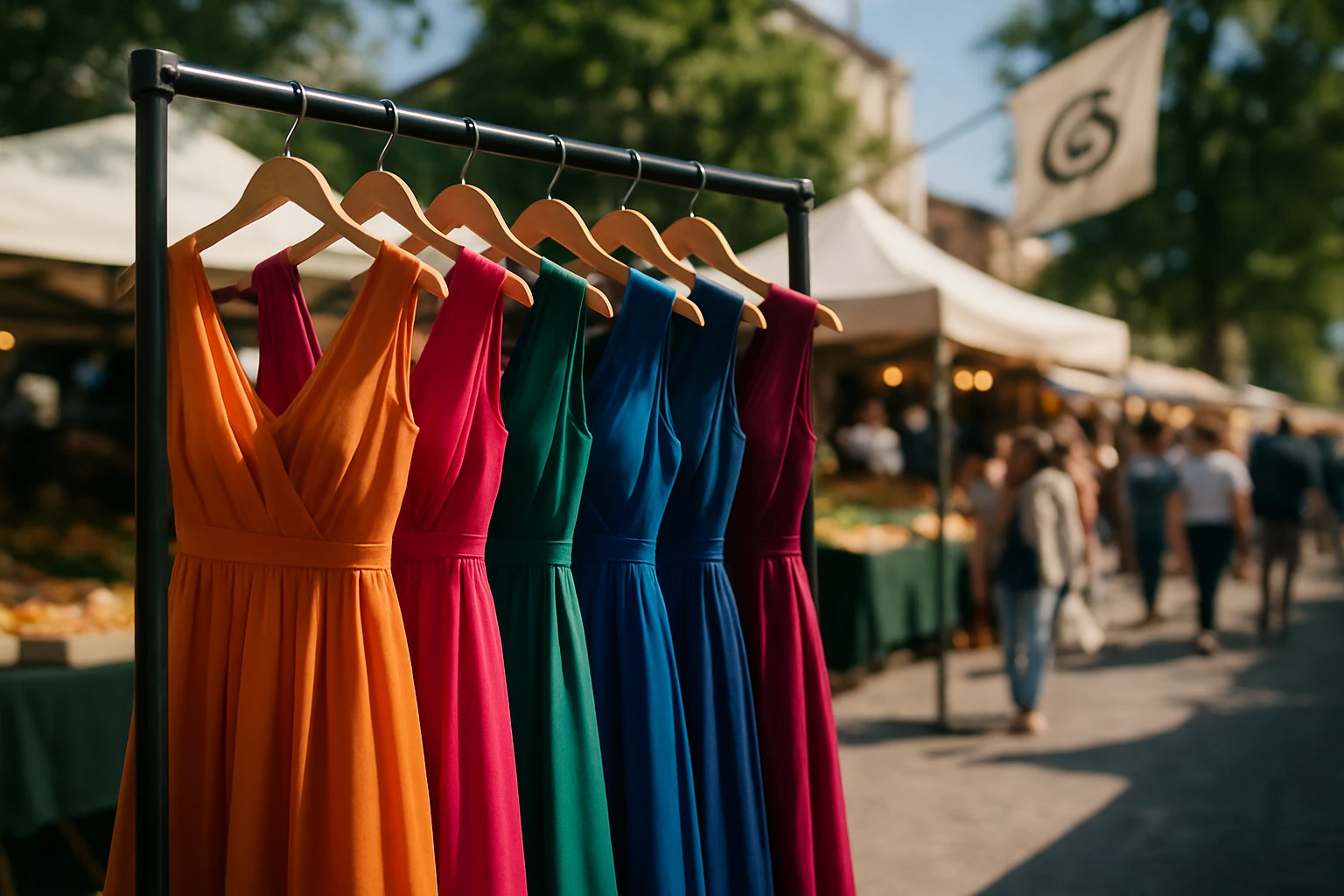 A rack of elegant dresses in vibrant colors, set against an outdoor market with bustling shoppers; a brand logo subtly displayed on a banner waving in the breeze.