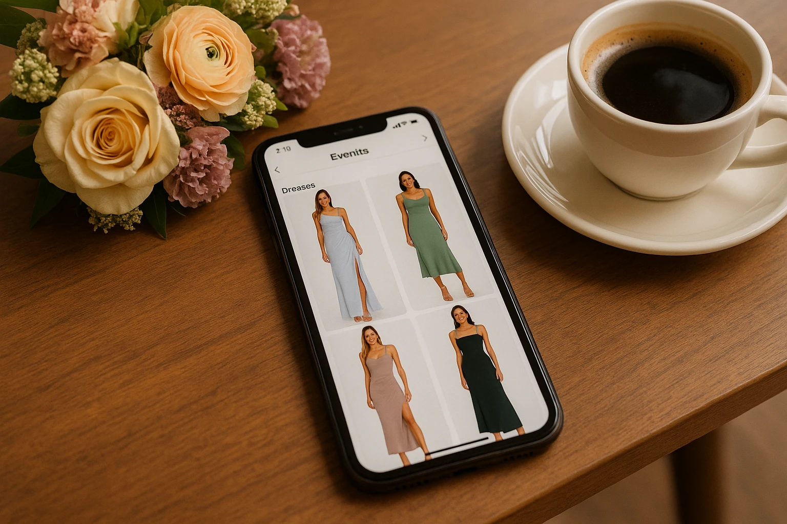 A close-up of a smartphone on a wooden table displaying the Revolve app, with a selection of event-specific dresses on the screen; nearby, a bouquet of flowers and a cup of coffee enhance the elegant and inviting setting.