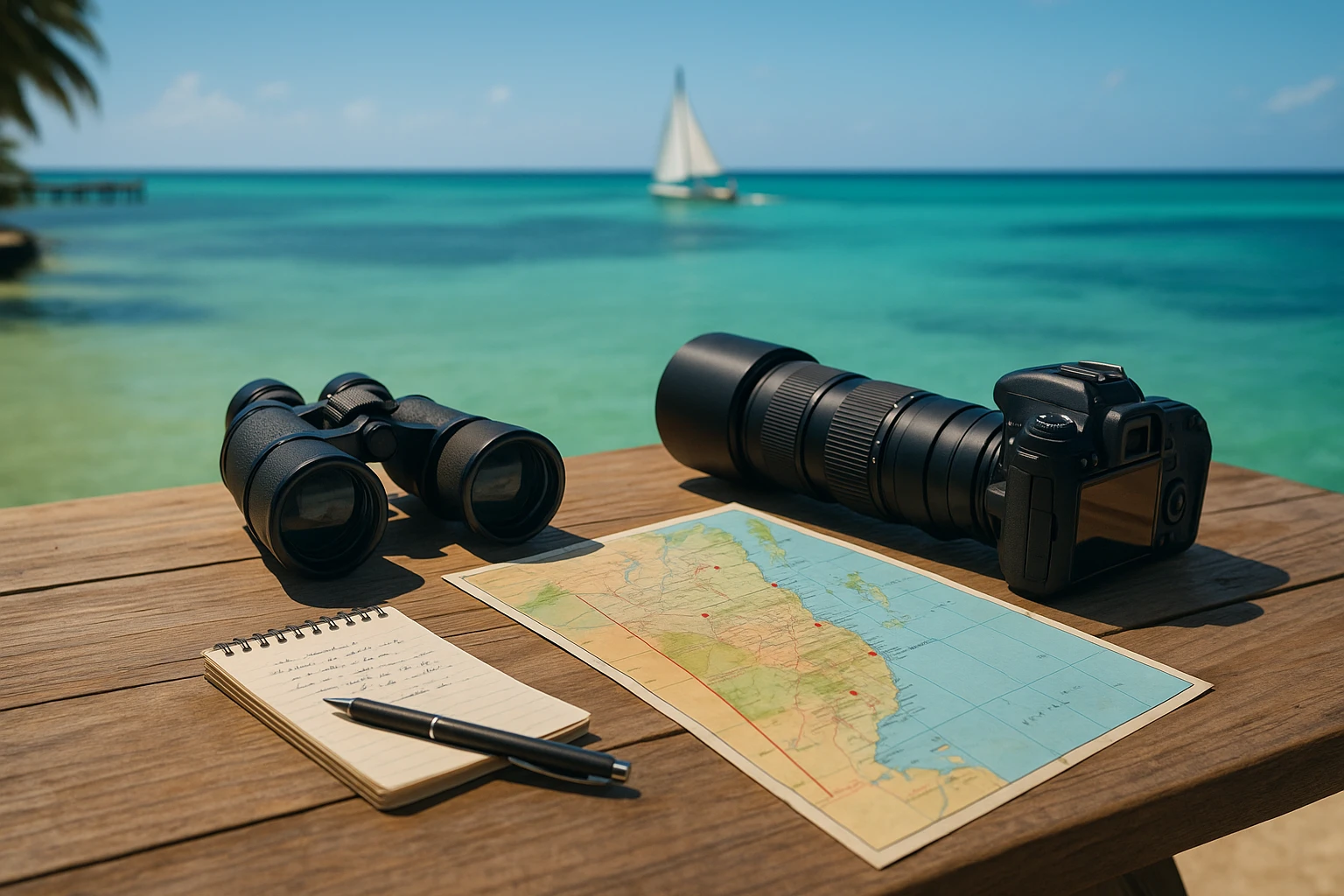 A private investigator's toolkit laid out on a sunlit beachfront table in San Pedro, Belize, featuring binoculars, a camera with a telephoto lens, a notepad with scribbled notes, and a map of Belize with marked locations, all against the backdrop of turquoise waters and a sailboat.