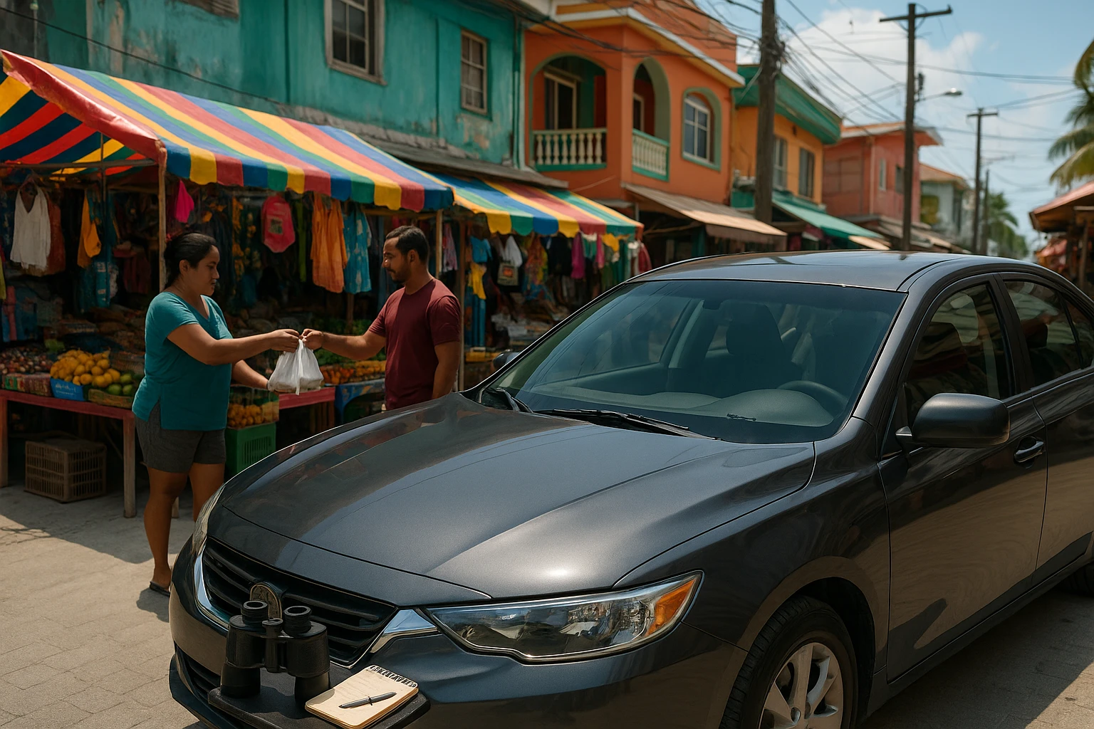 A street scene in San Pedro, Belize, featuring a discreetly parked unmarked car with tinted windows near colorful, vibrant market stalls; a local vendor is handing over a package to a customer, while a pair of binoculars and a notepad are visible on the car dashboard.