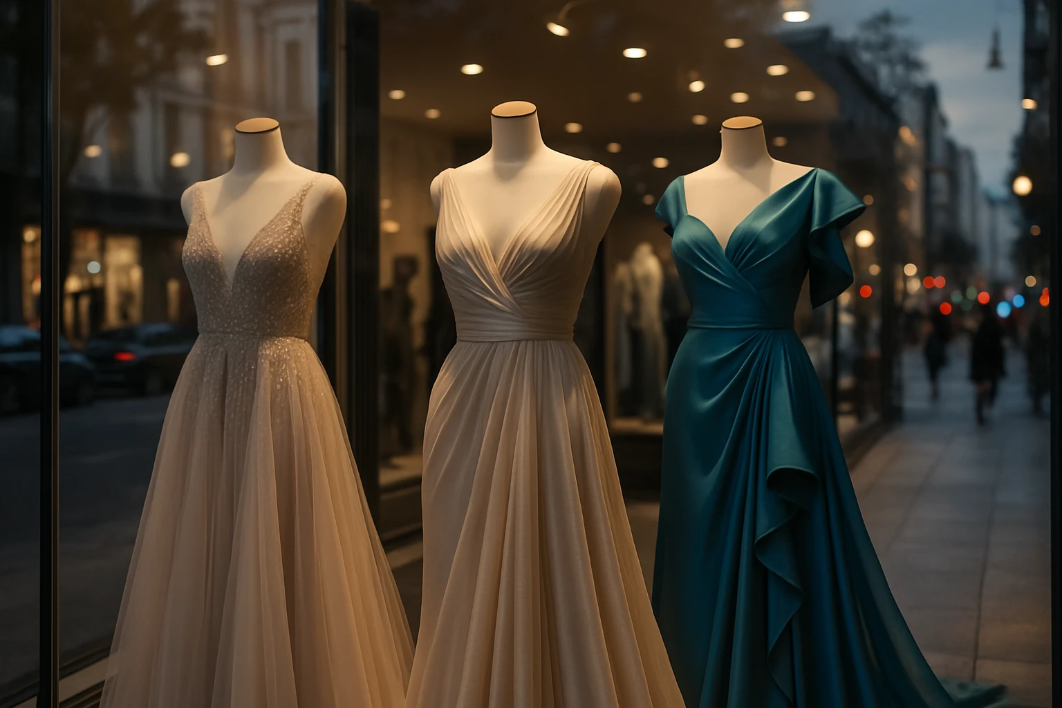 A brightly lit boutique window display showcasing elegant evening dresses on mannequins, with a focus on flowing fabrics and intricate details, set against a bustling city street.