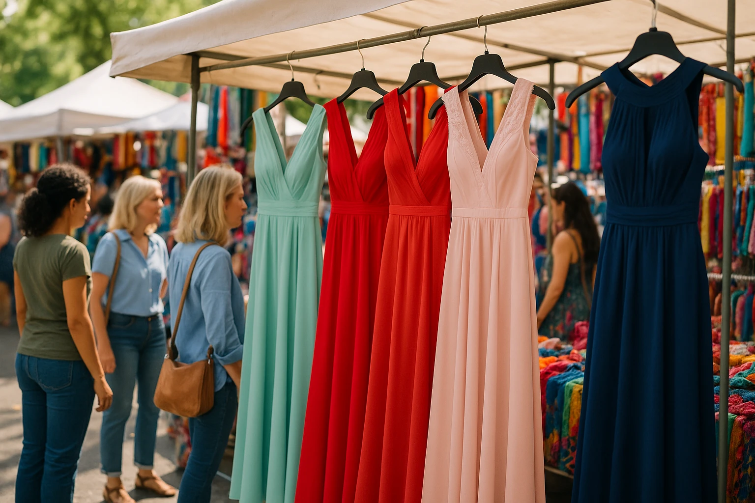A vibrant outdoor market stall featuring a variety of elegant event dresses hanging neatly on racks, with lively shoppers browsing amidst colorful displays of fabric and accessories, capturing the spirit of fashion exploration in a bustling open-air setting.