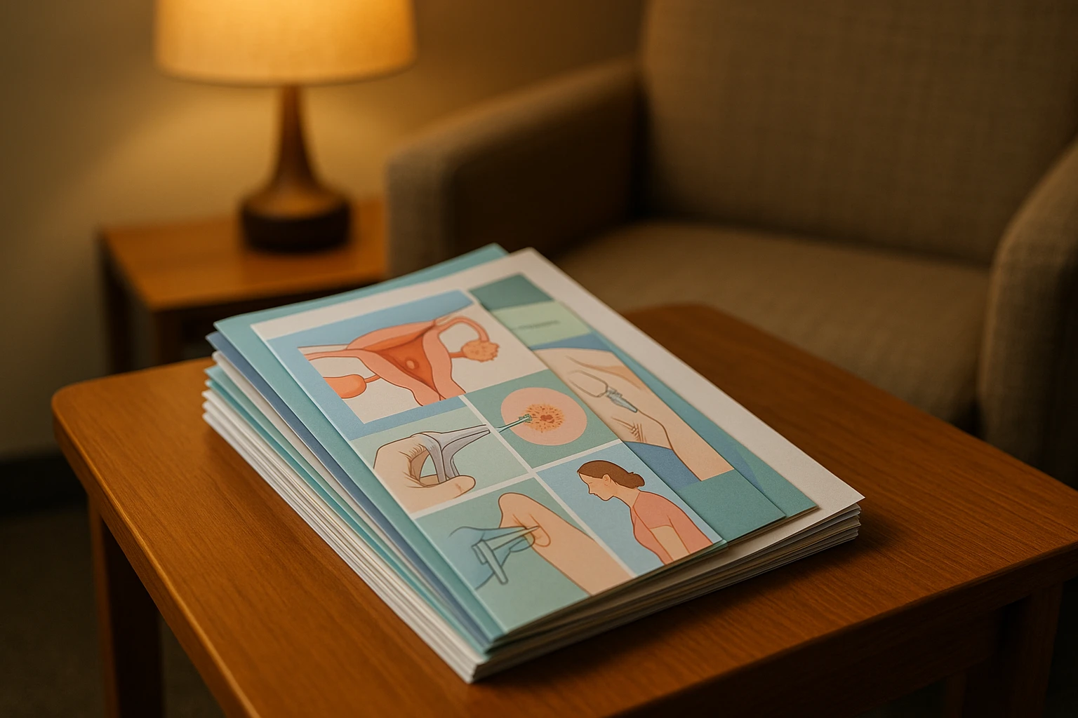 A neatly stacked selection of informational pamphlets and brochures about Pap smear preparation, displayed on a wooden table in a cozy waiting room with a soft lamp casting a warm glow.