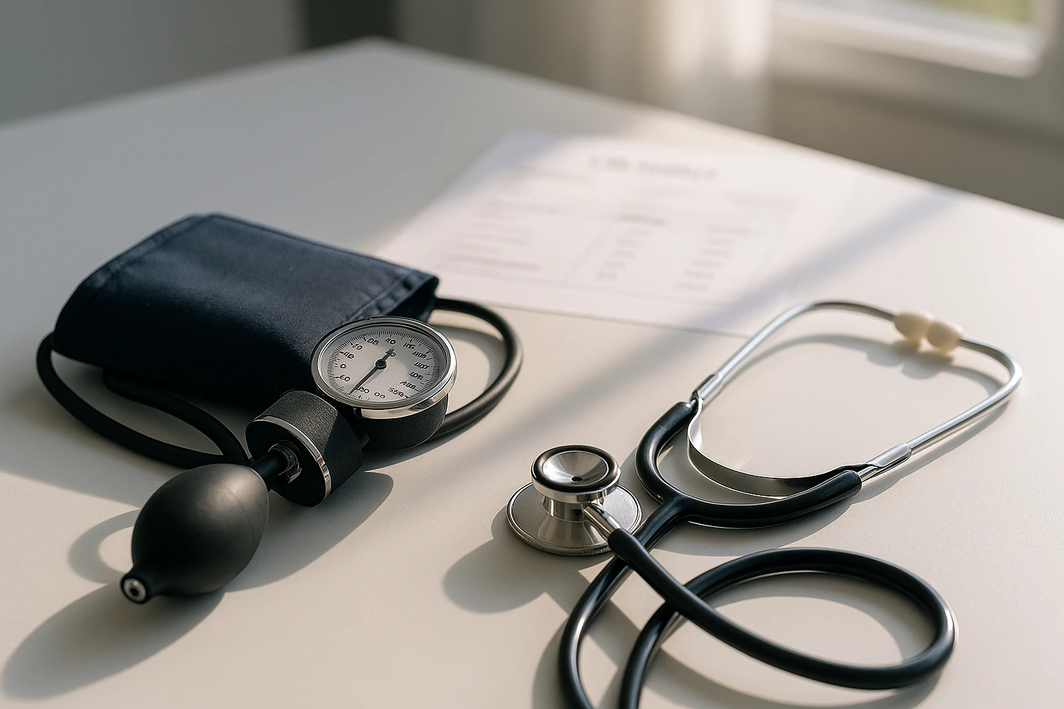 A stethoscope and blood pressure cuff lying on a clean, white doctor's desk, with a lab report showing cholesterol levels in the background, sunlight streaming through a nearby window.