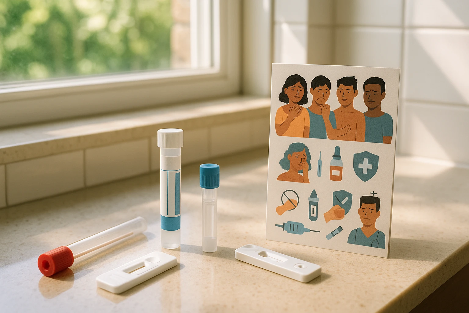 A collection of medical test kits on a bathroom countertop, accompanied by a pamphlet illustrating STI symptoms and preventative measures, with a sunny window in the background casting natural light across the scene.