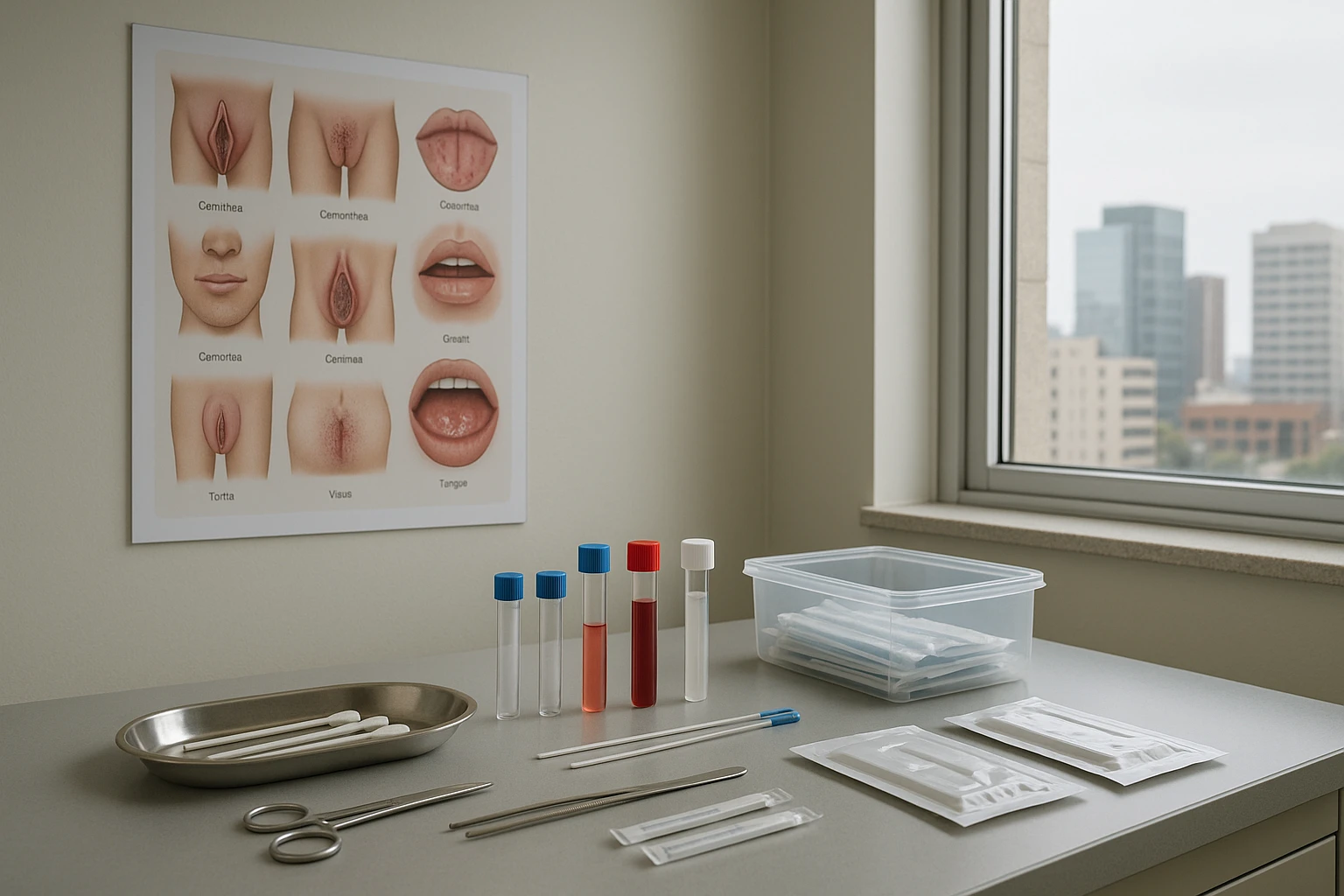 A healthcare clinic room with a wall chart illustrating different STIs, beside a well-organized table displaying sterile medical tools such as swabs, vials, and unopened test kits, with a window showing a cityscape in the distance.