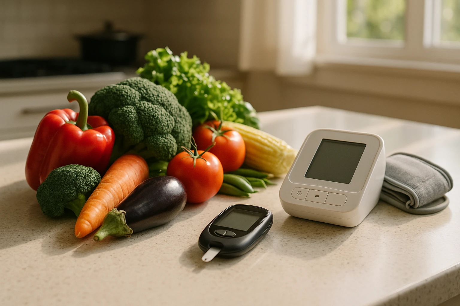 A sunlit kitchen countertop with an array of fresh vegetables, a glucose meter, and a blood pressure monitor, illustrating a holistic approach to managing chronic conditions with lifestyle and health tools.