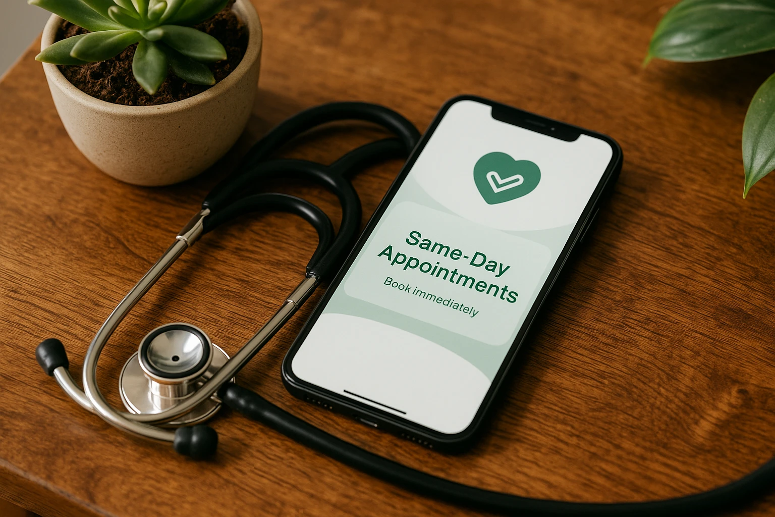 A stethoscope and a smartphone with the MedHaven Health app open, lying on a wooden table next to a potted plant, symbolizing quick and easy access to same-day medical appointments in a welcoming home environment.
