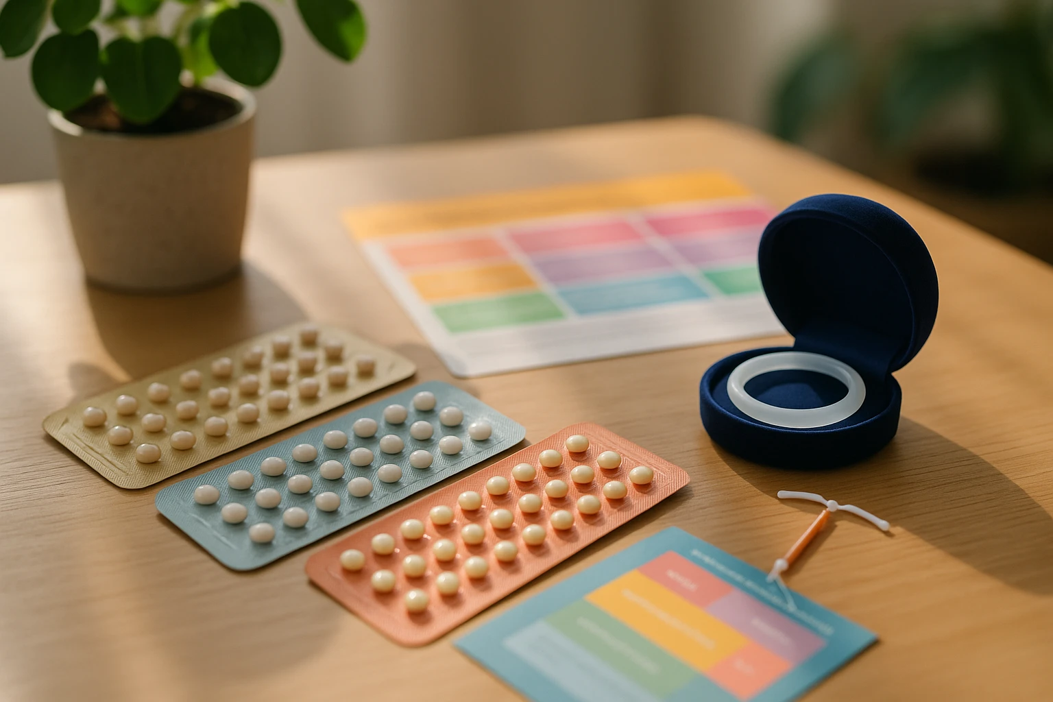 A table adorned with various contraceptive methods, including blister packs of birth control pills, a ring case, an IUD, and a colorful info leaflet in a sunlit room with a potted plant nearby.