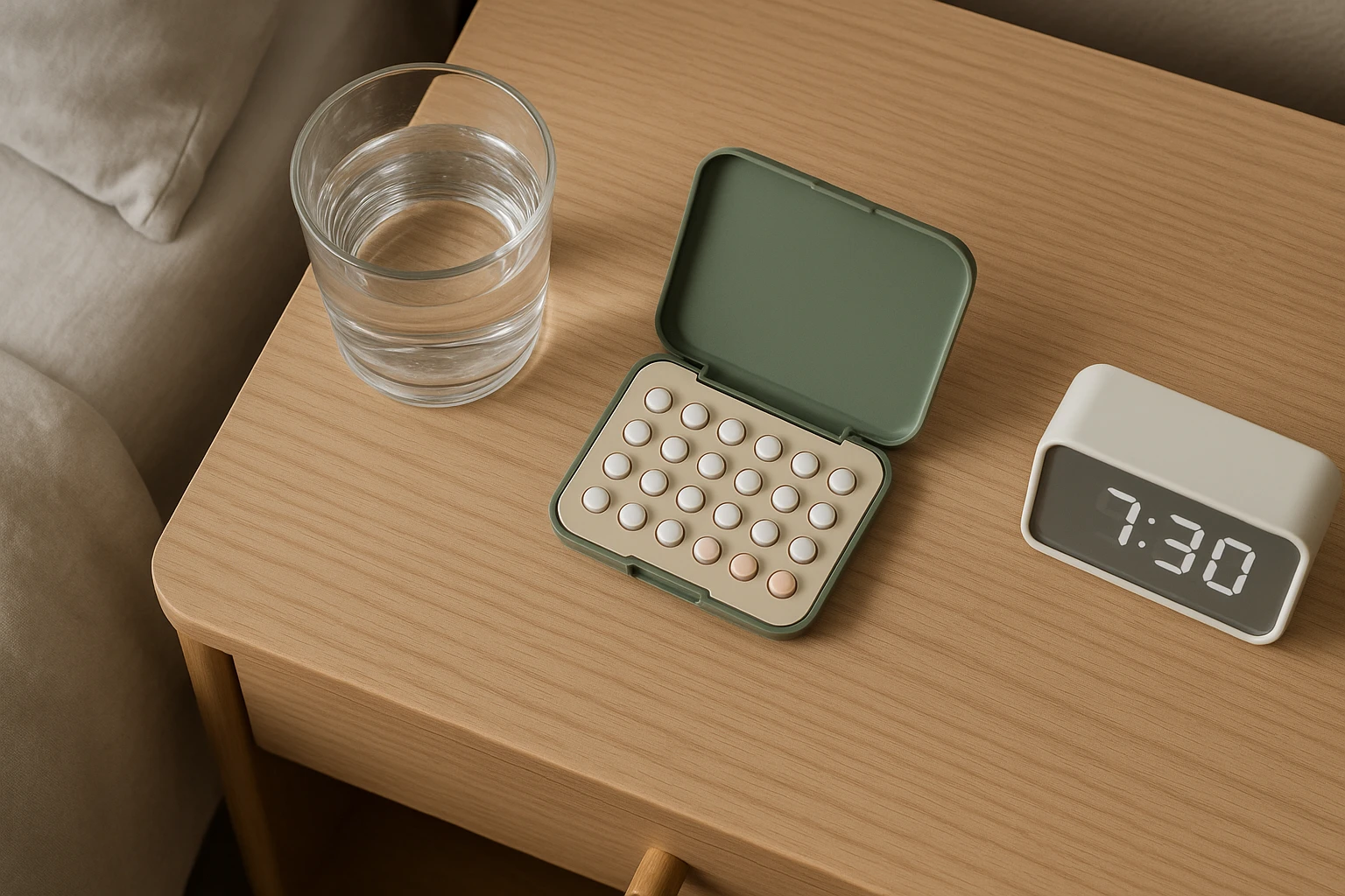 A top-down view of a bedside table featuring a stylish, compact birth control pill organizer next to a glass of water and a digital alarm clock displaying morning time.