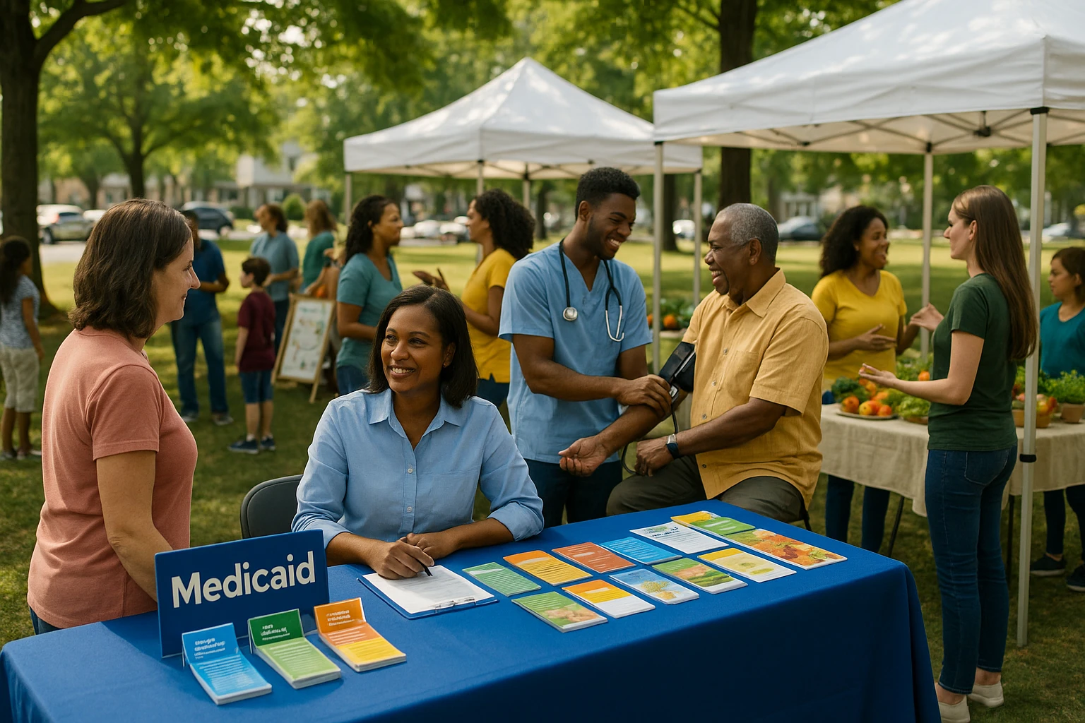 A bustling community health fair in Glen Burnie, MD, featuring a Medicaid information booth with colorful brochures, nearby stands offering free wellness checks and healthy lifestyle tips surrounded by trees and local families.