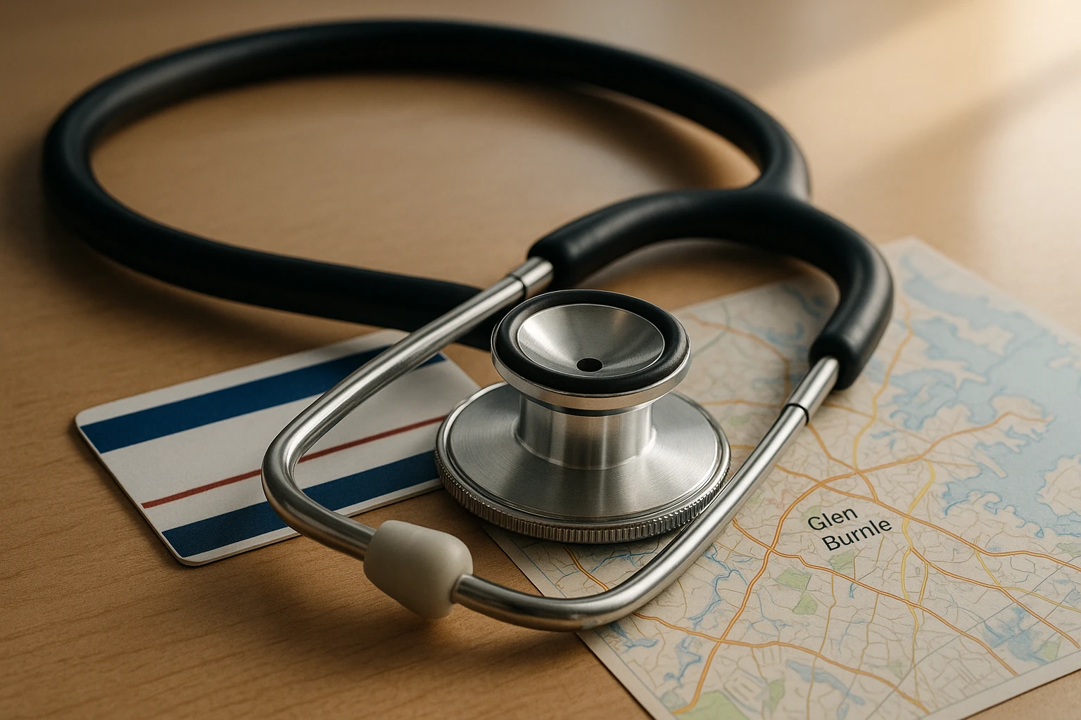 A close-up of a stethoscope resting on a table next to a Medicaid card and a map of Glen Burnie, MD, with a gentle light from a nearby window highlighting the details.