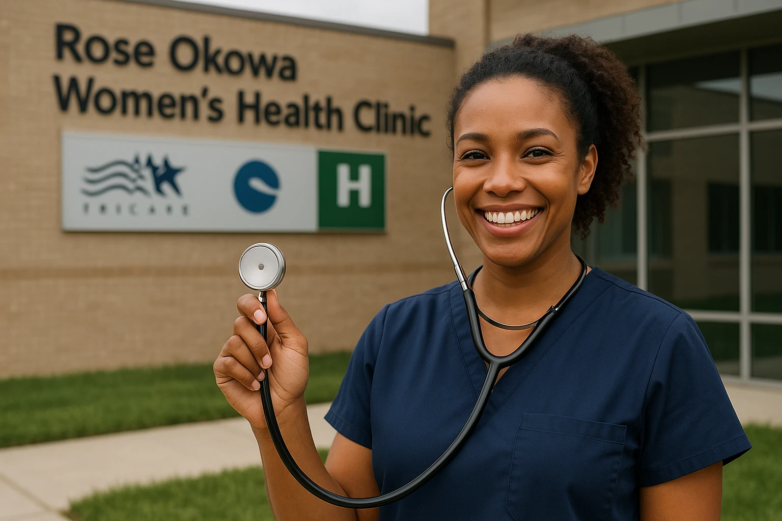 A cheerful nurse holding a stethoscope standing outside the Rose Okowa Women's Health Clinic, with a sign featuring TRICARE and Humana logos prominently displayed on the building facade near Fort Meade.