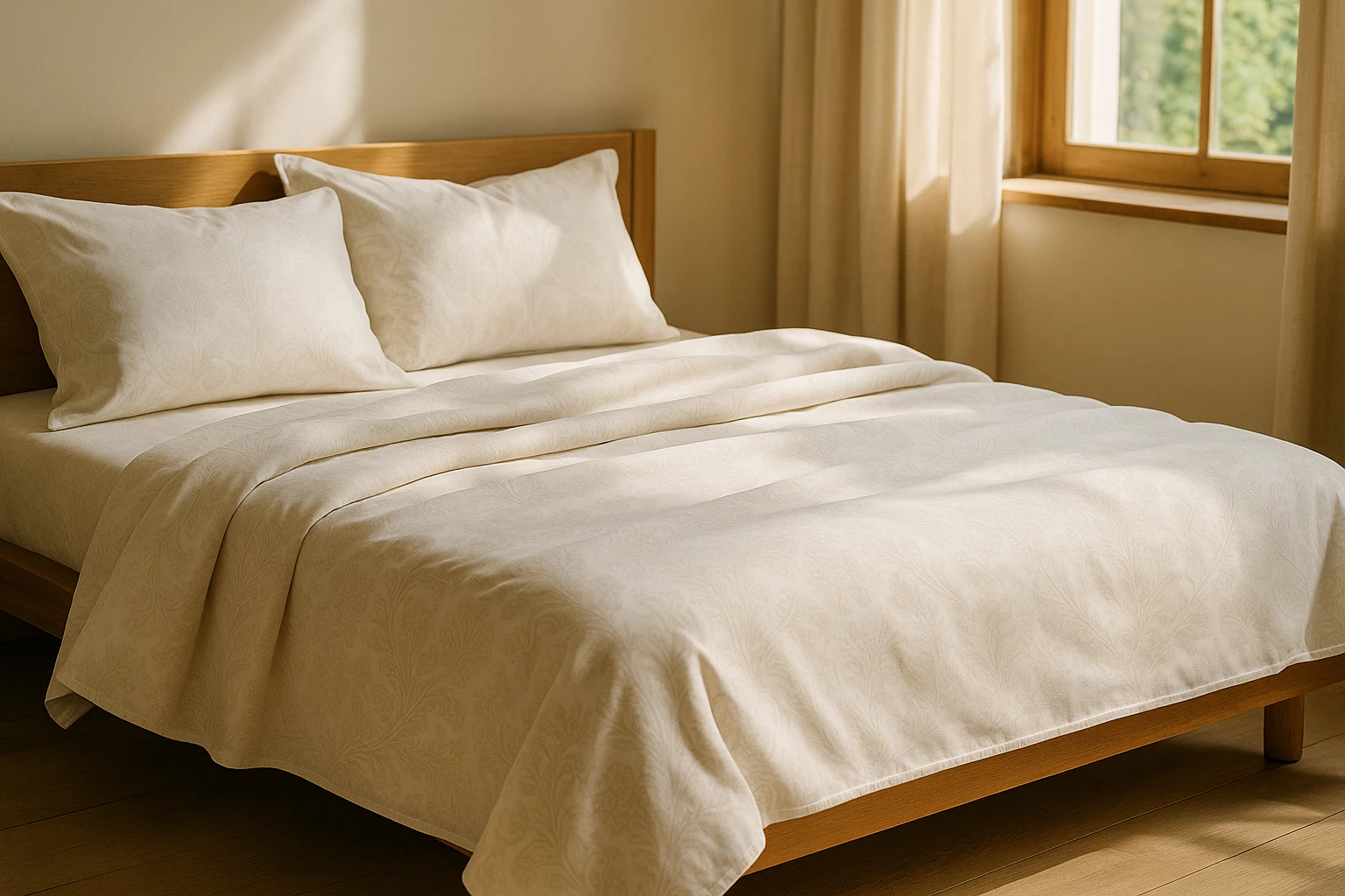 The Ultimate Guide to Bed Linen: Choosing the Perfect Ágyneműhuzat 2 Luxurious bed linens made from sustainably sourced cotton, draped elegantly across a wooden platform bed in a sunlit bedroom, with intricate traditional Hungarian motifs subtly woven into the fabric.