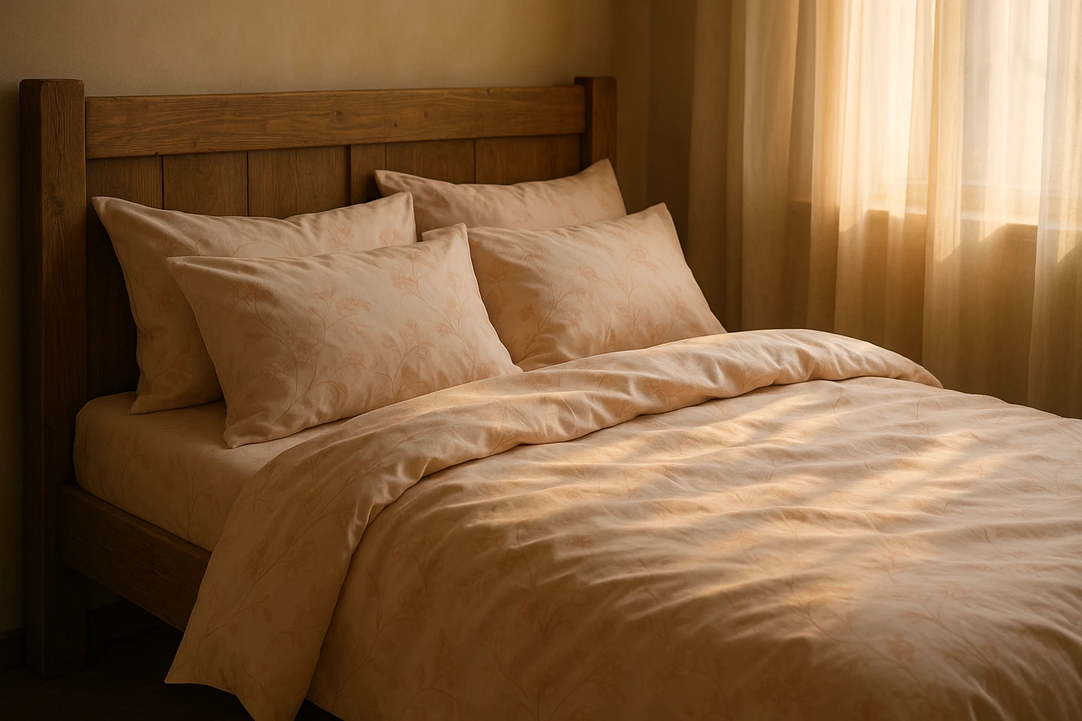 The Ultimate Guide to Bed Linen: Choosing the Perfect Ágyneműhuzat 3 A cozy bedroom with a rustic wooden bed covered in silky smooth, pastel-colored ágyneműhuzat, adorned with a subtle floral pattern. A soft, warm light spills through sheer curtains, highlighting the gentle folds and texture of the linens.