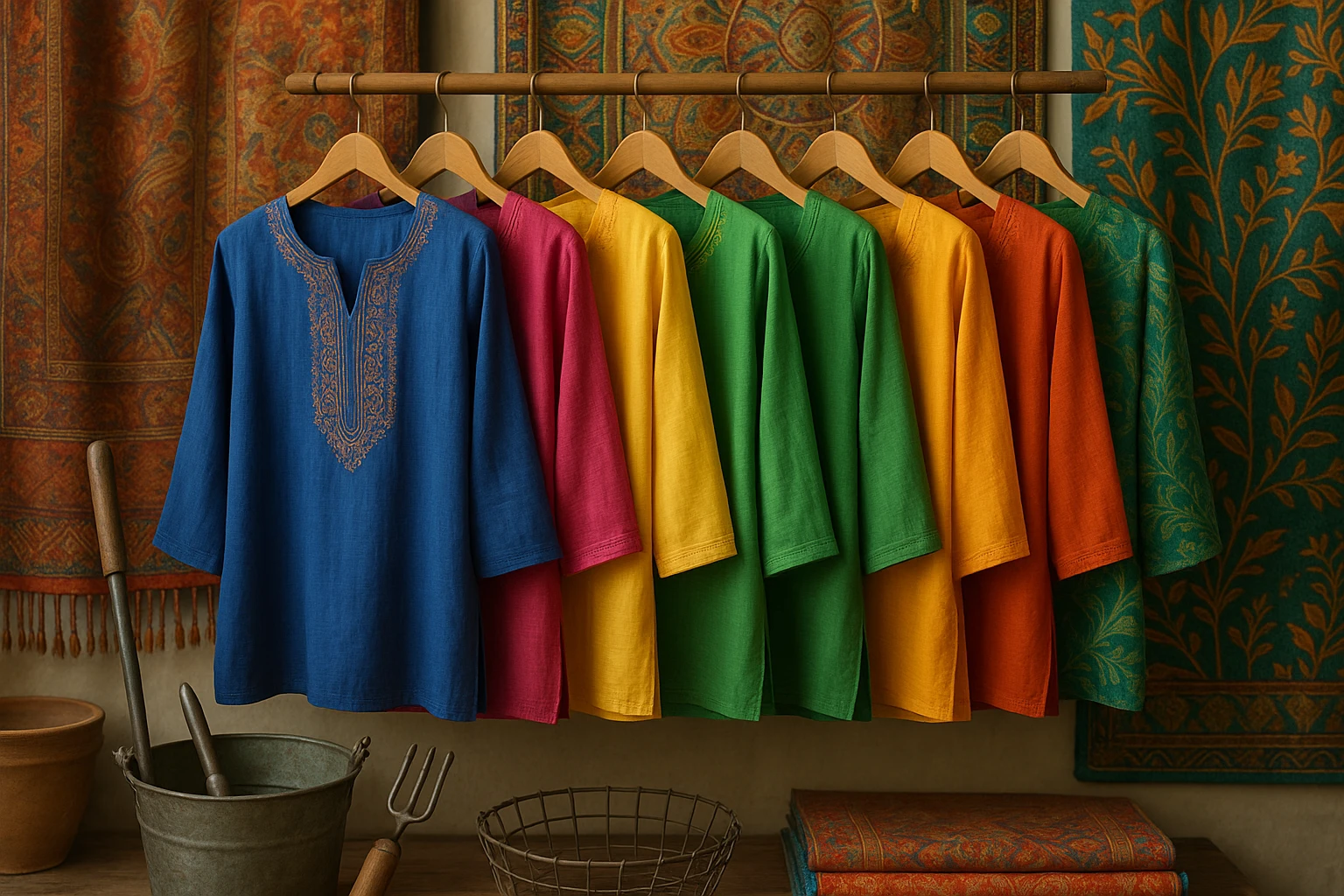 A vibrant display of colorful Indian and Nepalese tunics hangs gracefully in a boutique, surrounded by intricately patterned textiles and elegant garden tools, creating a seamless fusion of fashion and practicality.